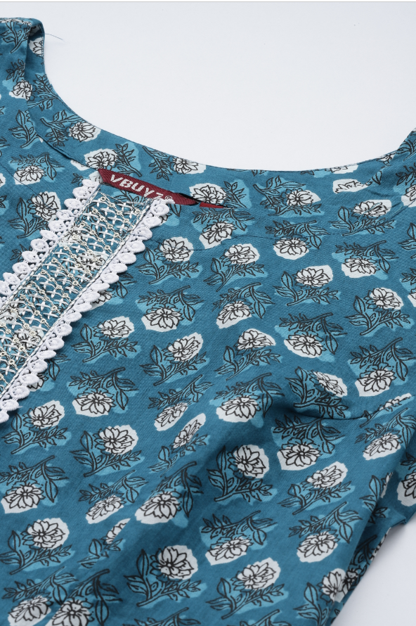 Women's Floral Printb & Lace Work Anarkali Cotton Teal Blue Stitched Kurta