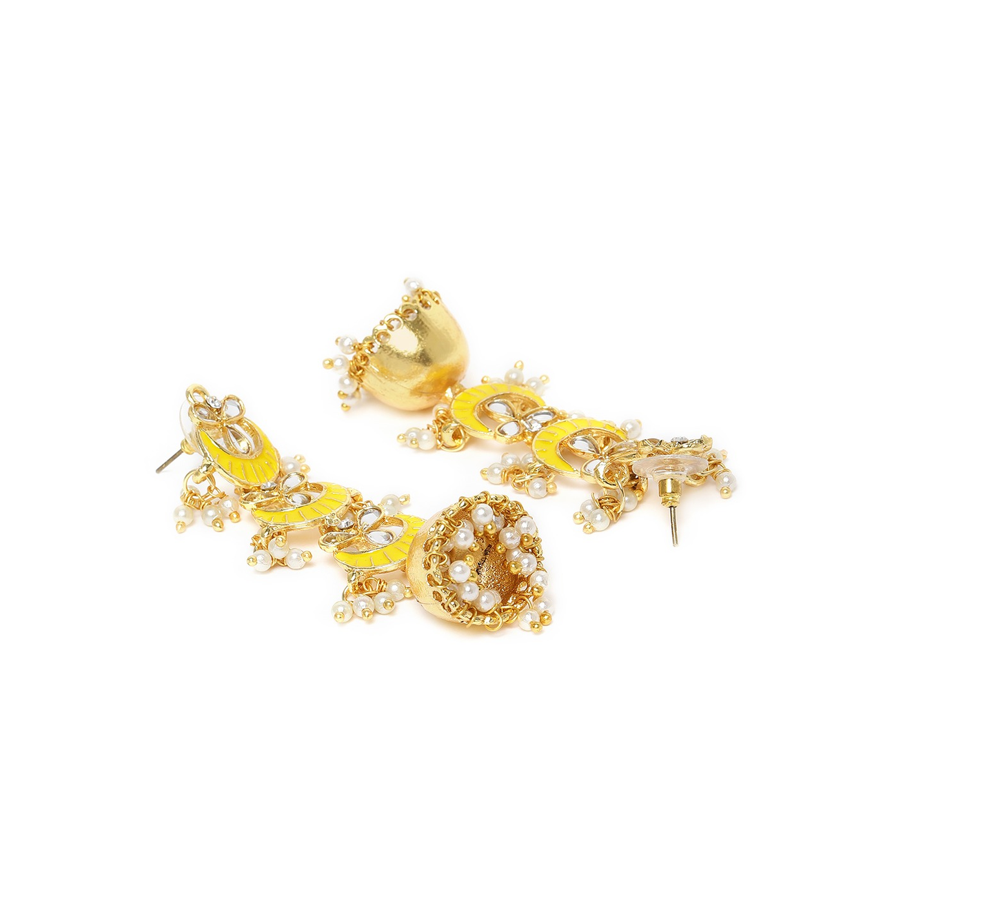 Women's Gold Plated 3 Layered Long Jhumki Earrings With Yellow Enamel Glided With Kundans & Pearls