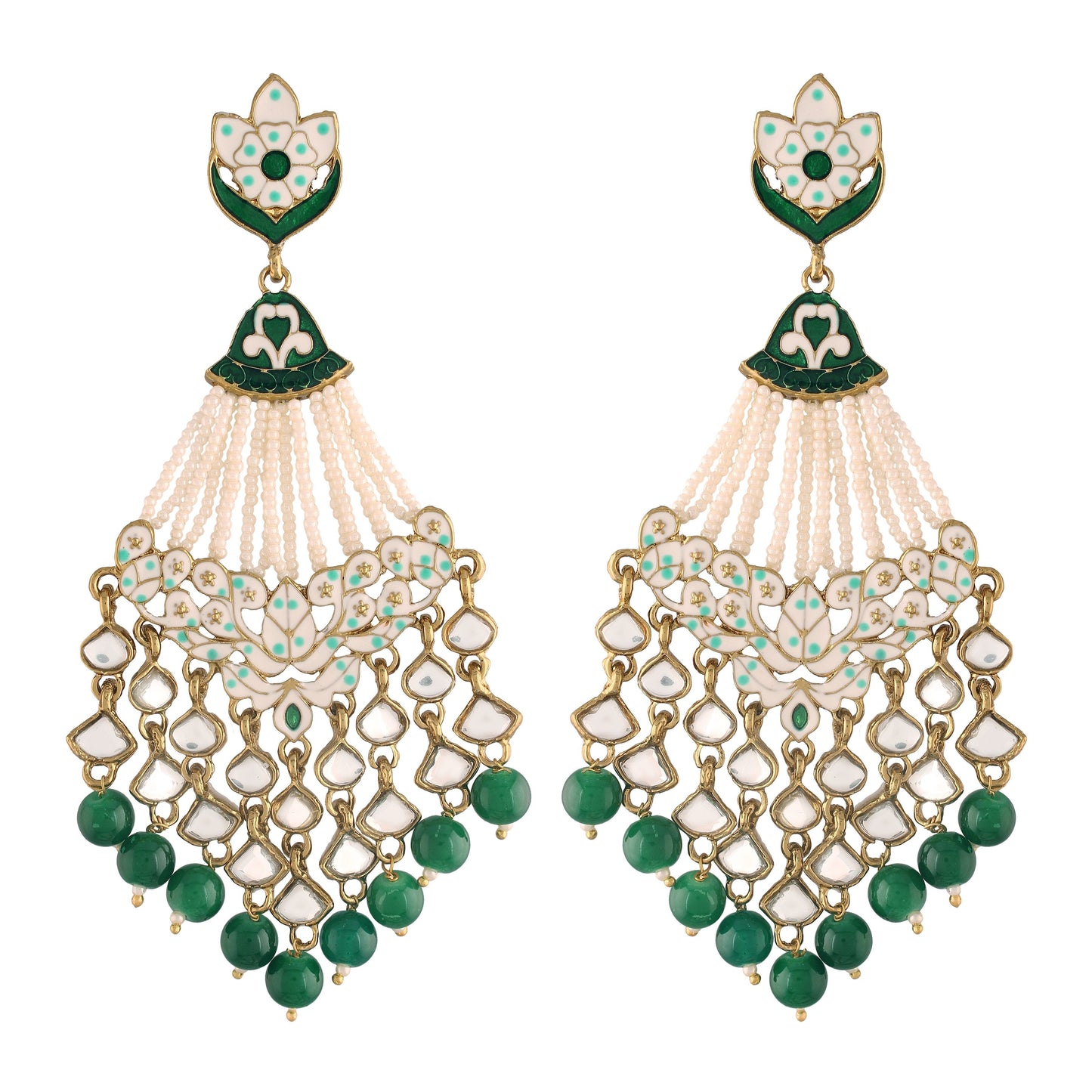 Women's Green Gold Plated Traditional Handcrafted Meena Work Earring Glided With Kundan & Pearls