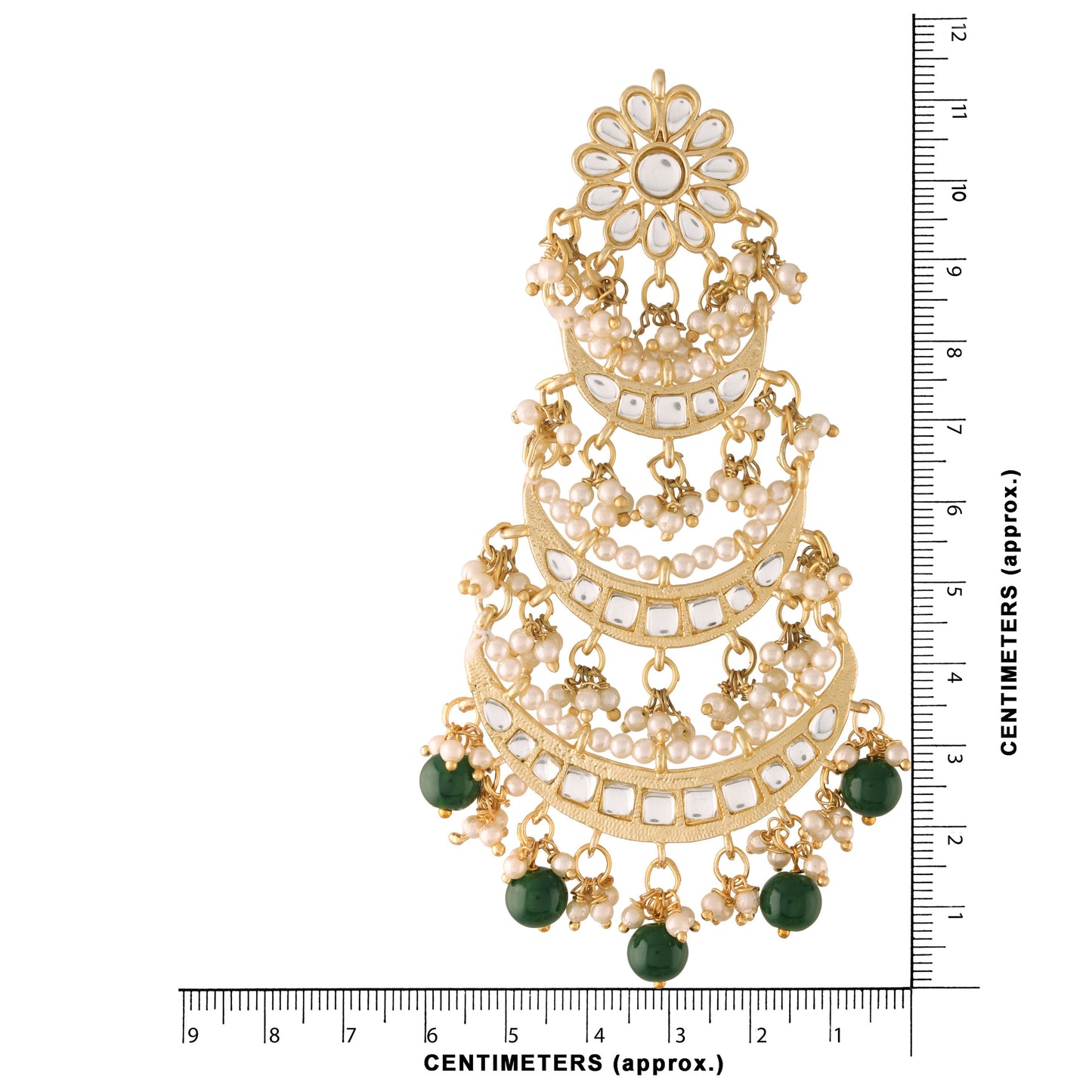 Women's Gold Plated 3 Layered Green Beaded Chandbali Earrings With Kundan And Pearl Work