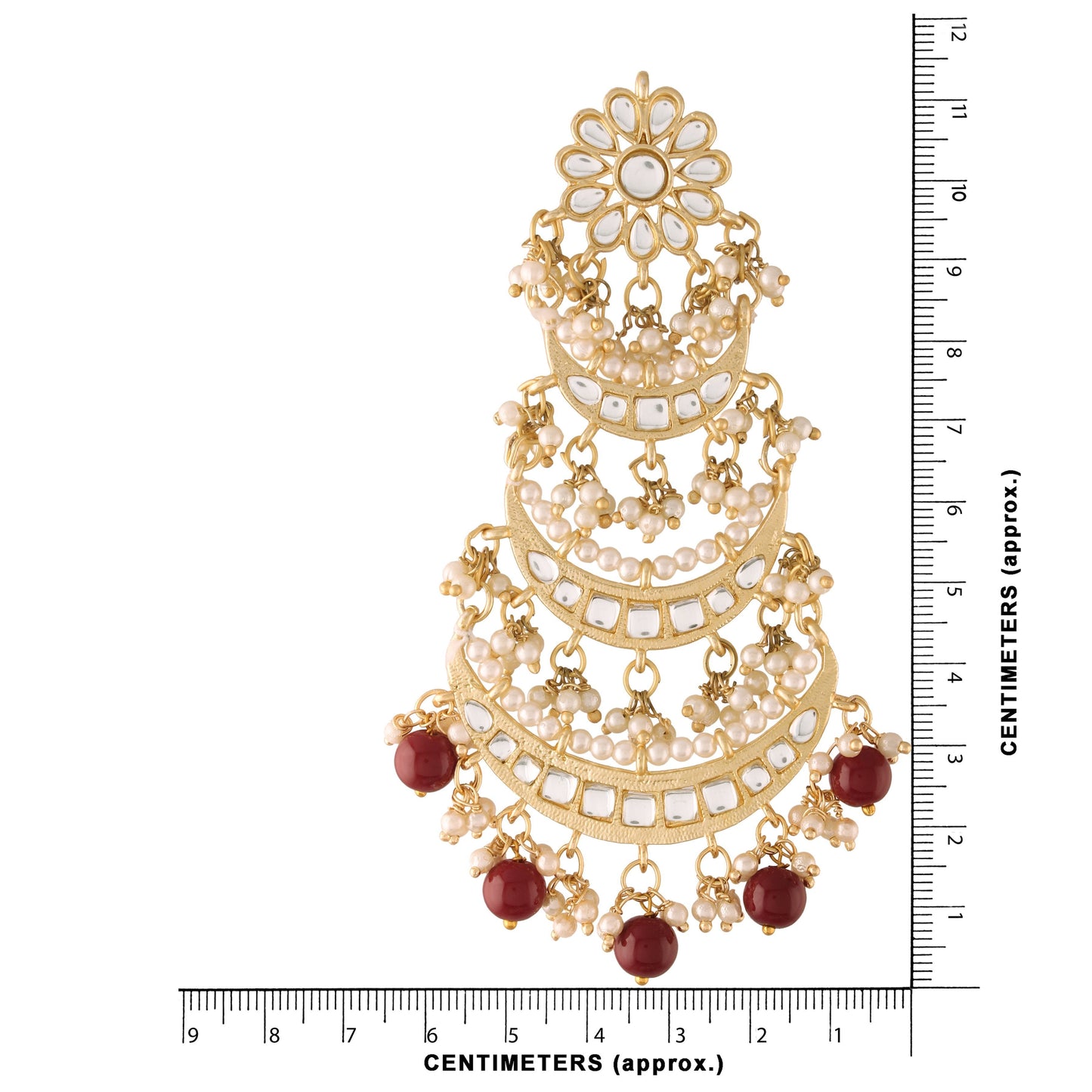 Women's Gold Plated 3 Layered Marron Beaded Chandbali Earrings With Kundan And Pearl Work