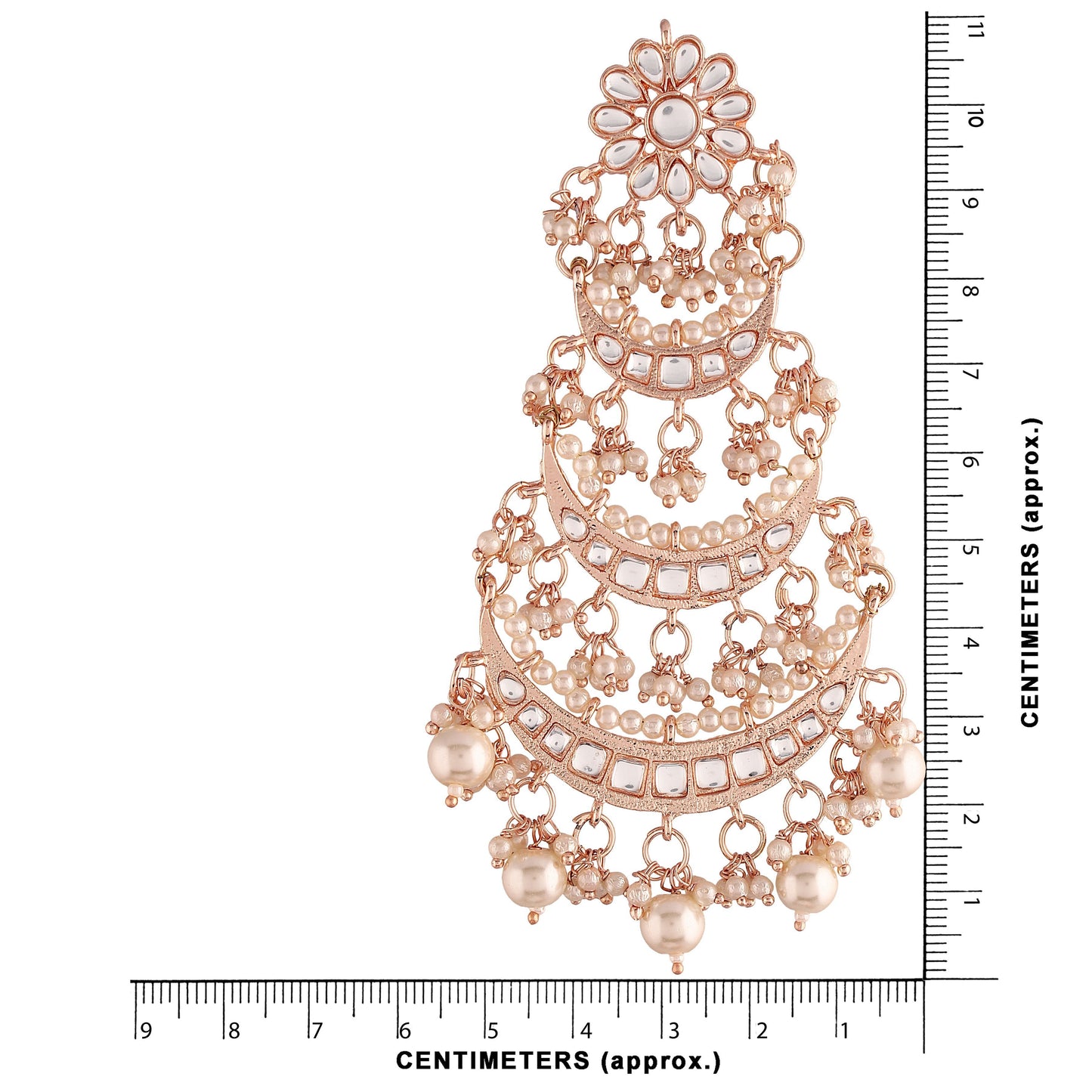 Women's Rose Gold Plated 3 Layered Beaded Chandbali Earrings With Kundan And Pearl Work