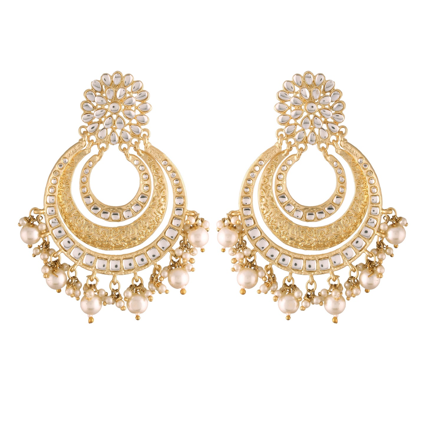 Women's High Gold Matt Finish Plated Alloy Chandbali Kundan And Pearl Meenakari Earrings