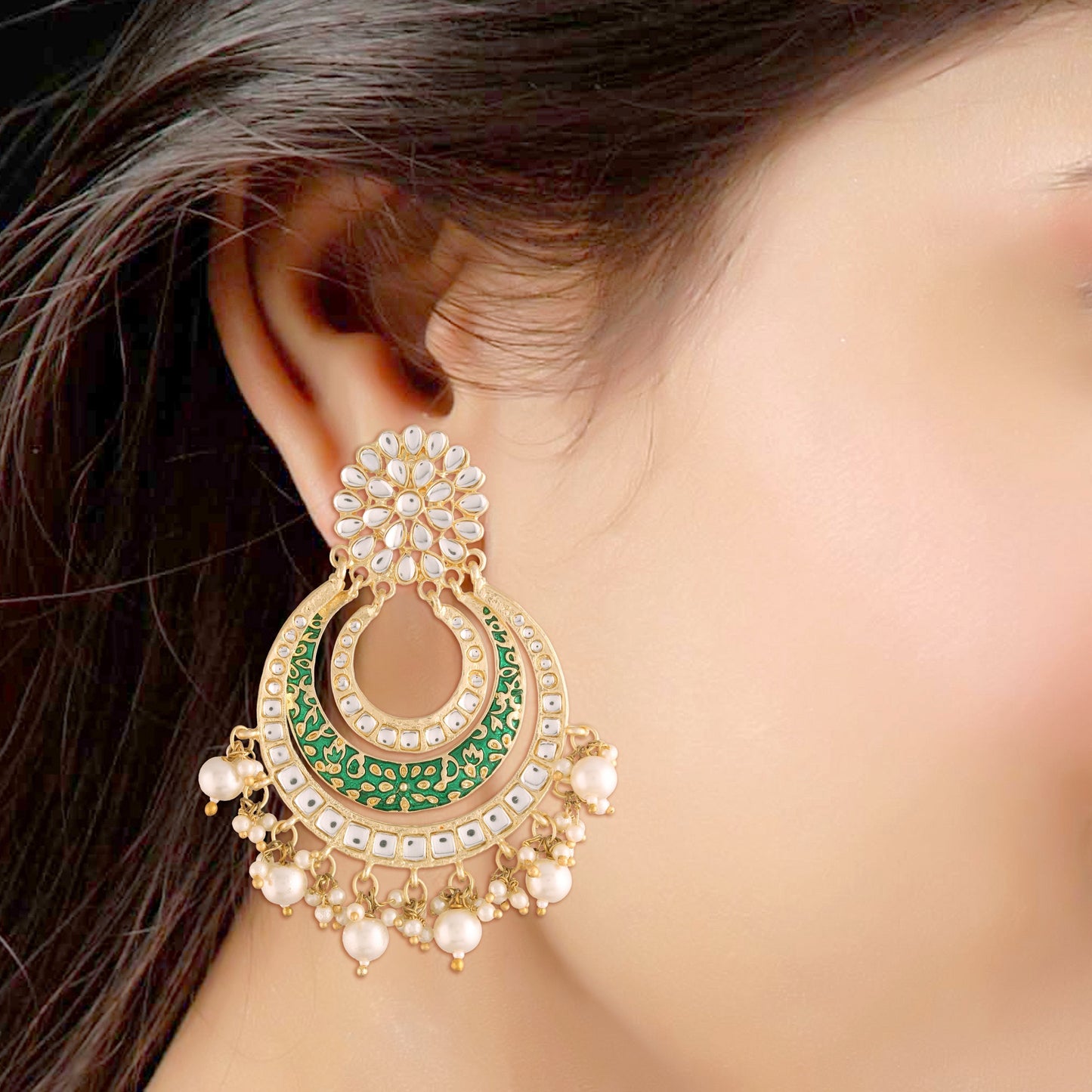 Women's Gold Plated Alloy Kundan Stones & Pearl Green Earrings