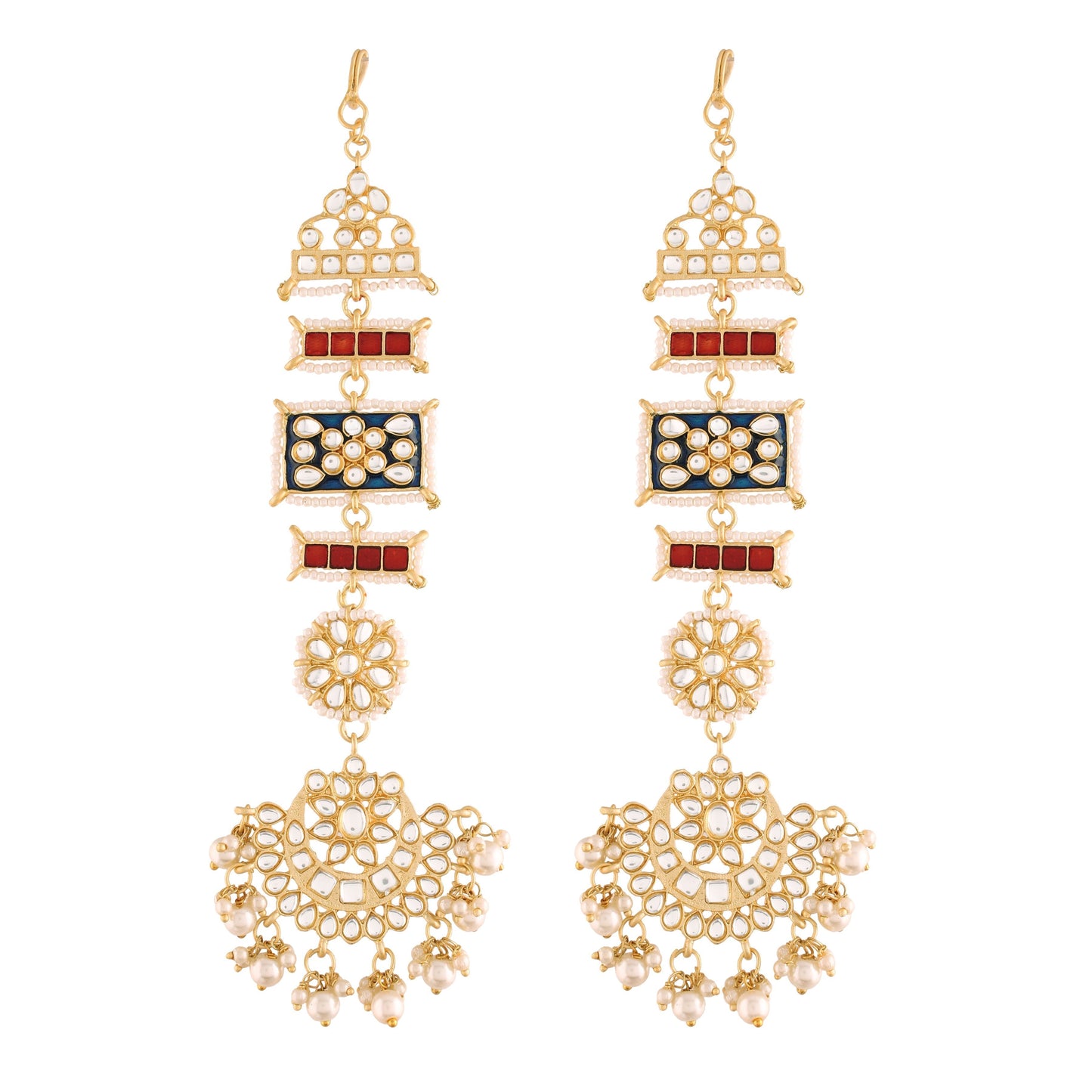 Women's Blue Gold Plated Zinc Alloy Matte Finish Kundan And Pearl Work Chandbali Earrings