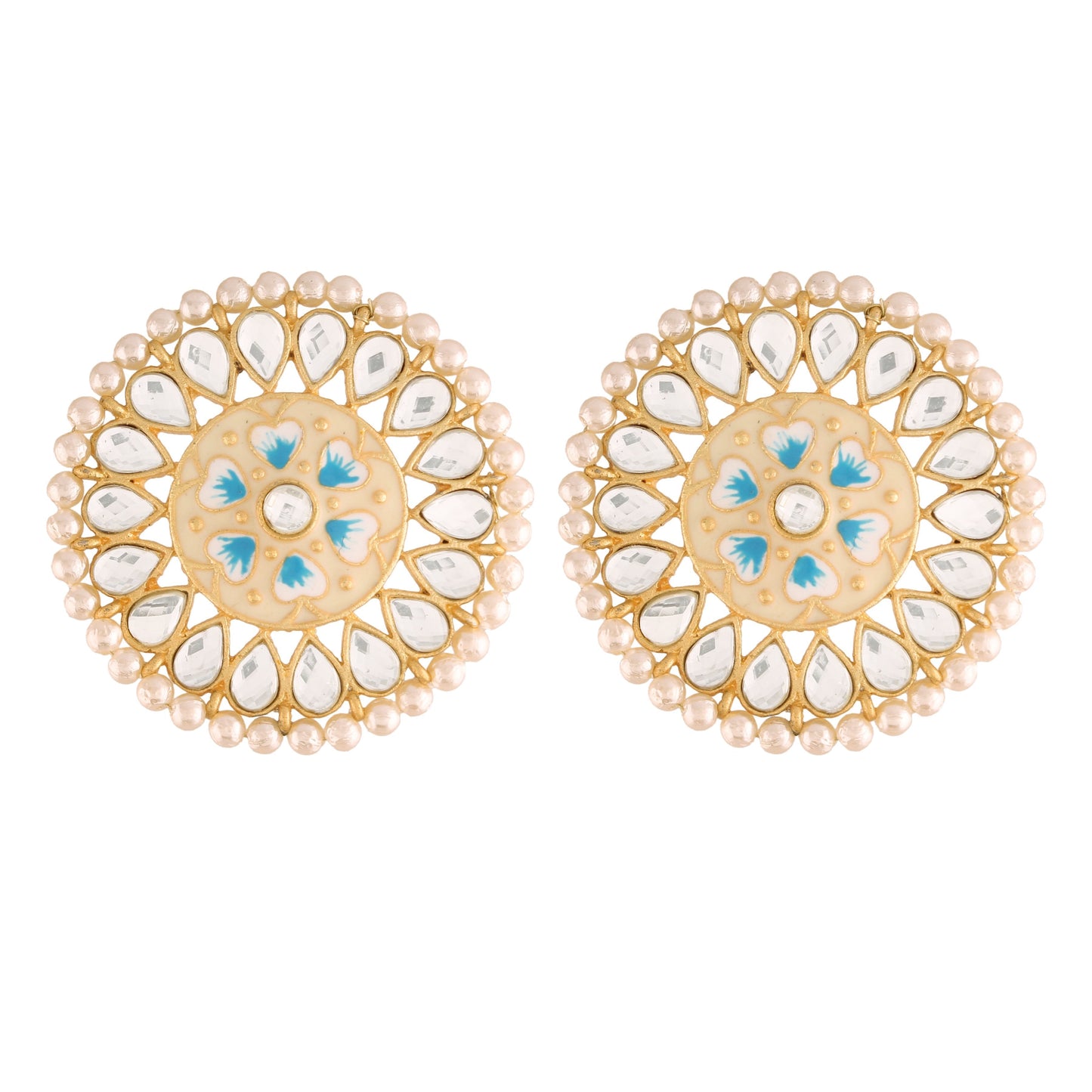 Women's Blue Gold Plated Round Kundan Pearl Meena Work Handcraft Stud Earring