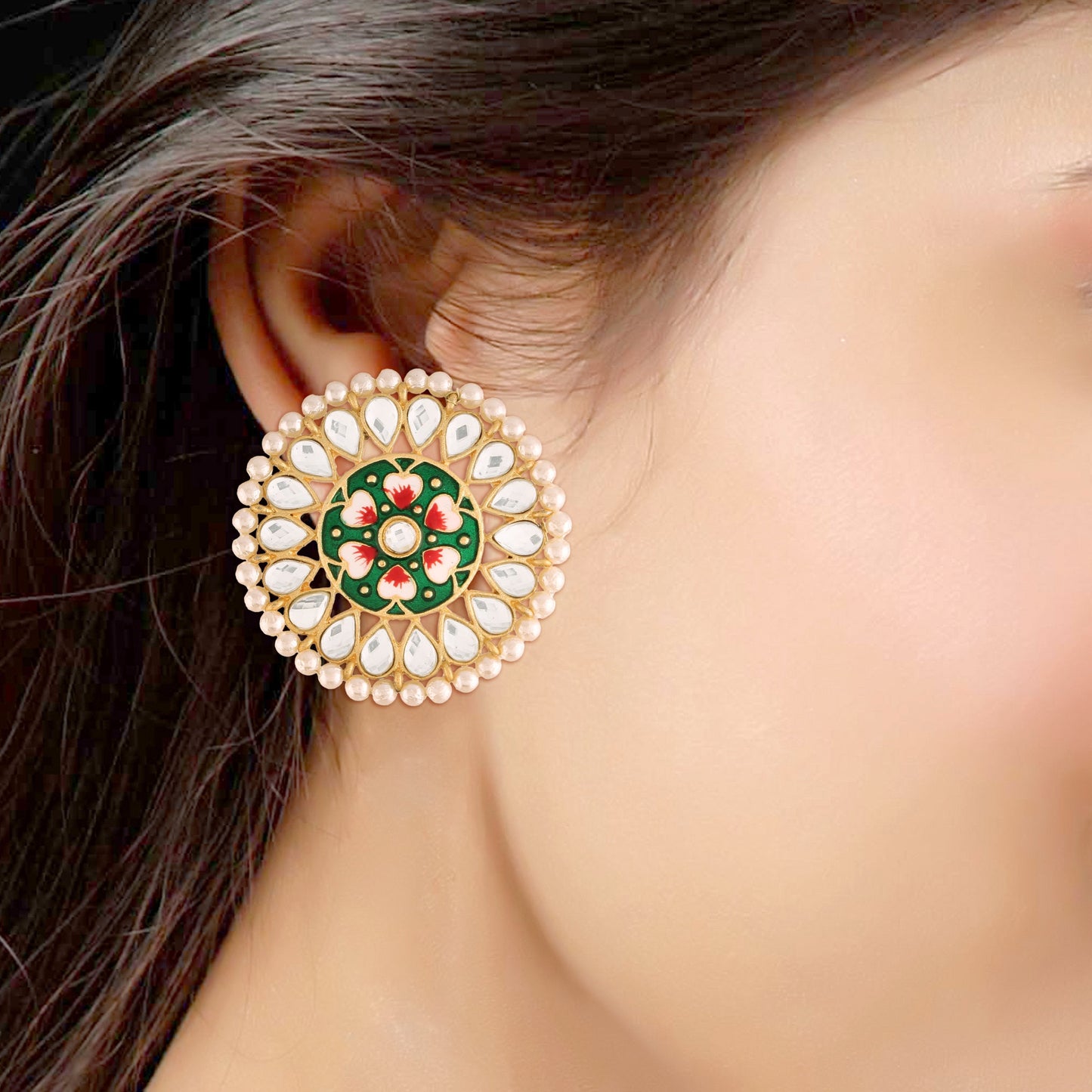 Women's Gold Plated Round Kundan Pearl Meena Work Handcraft Green Stud Earring