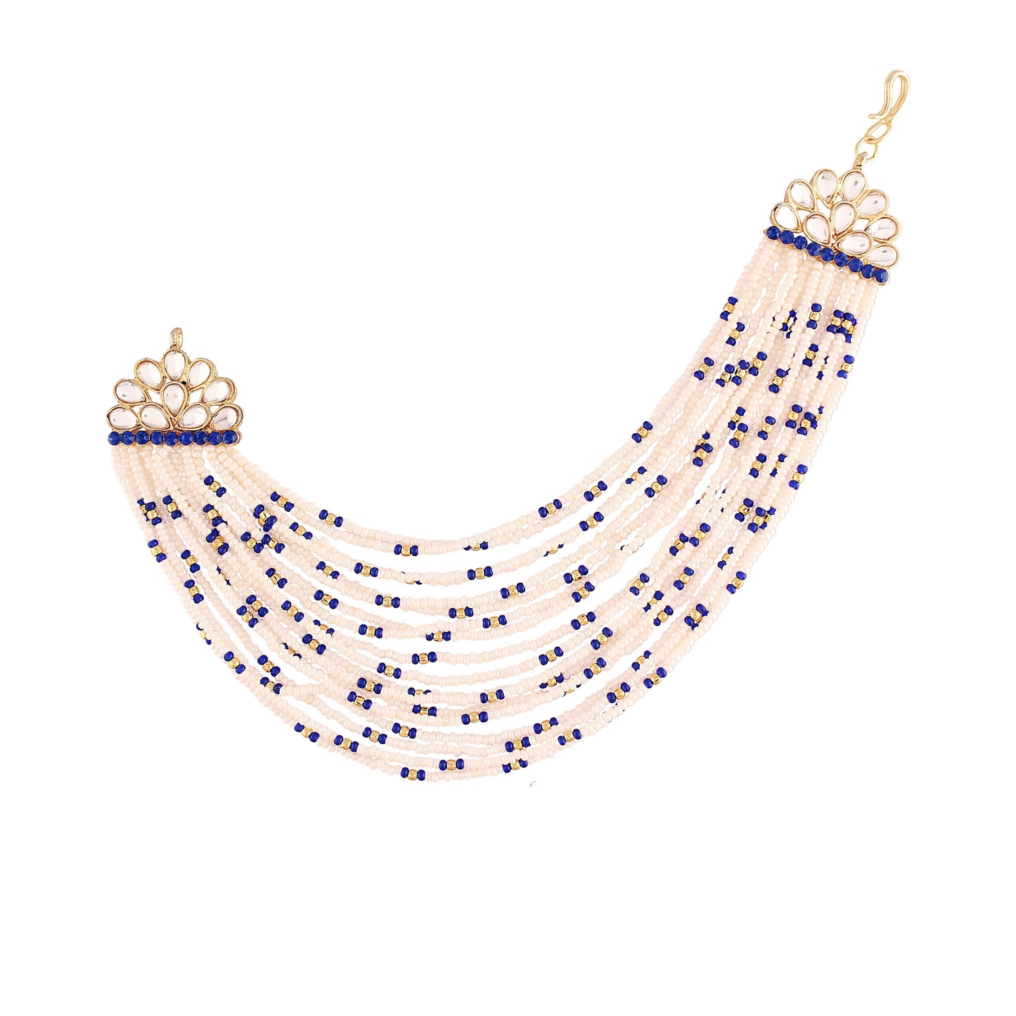Women's Blue Gold Plated Multi Strand Earring With Ear Chain Embellished With Pearl