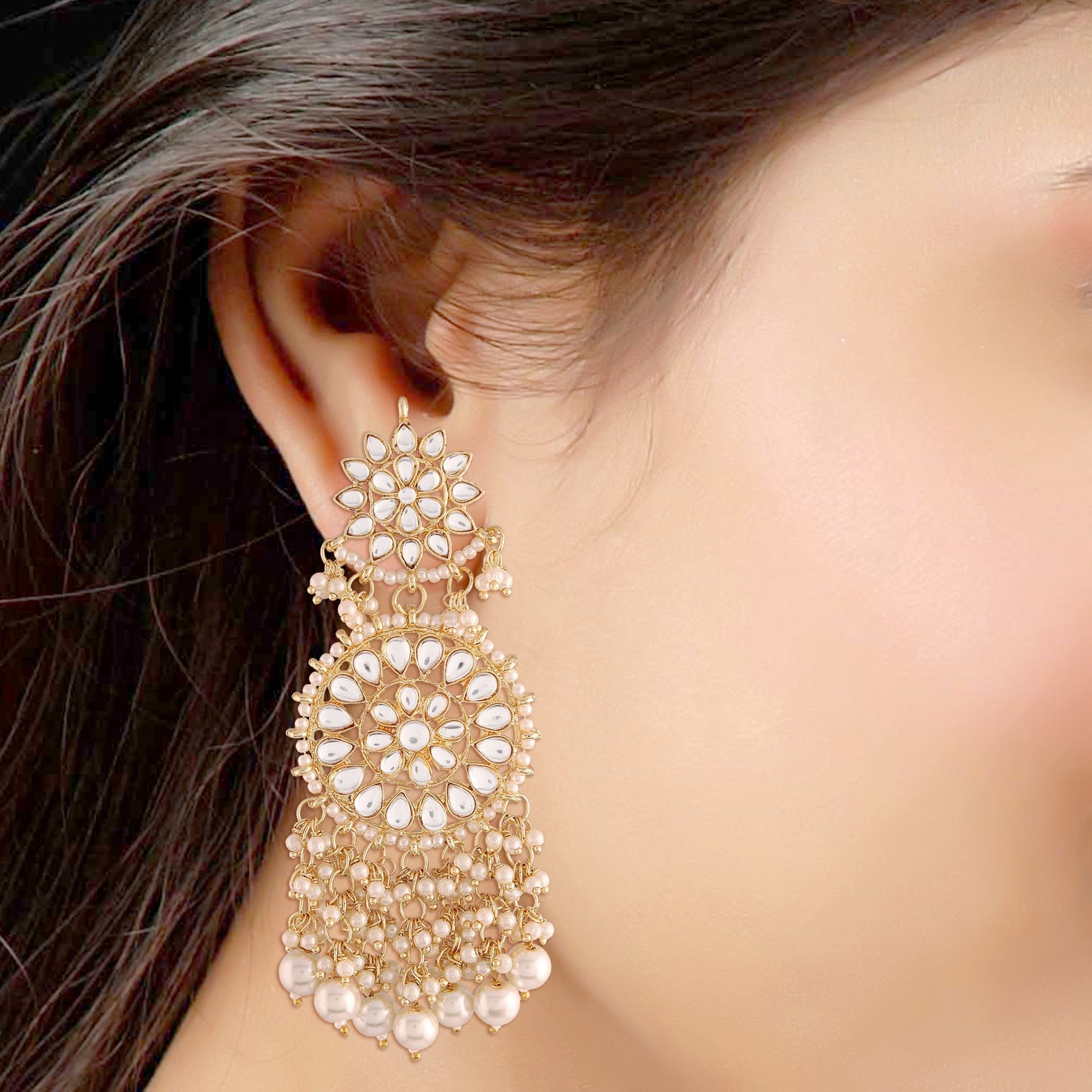 Women's Gold Plated White Drop Earrings Glided With Kundans & Pearls