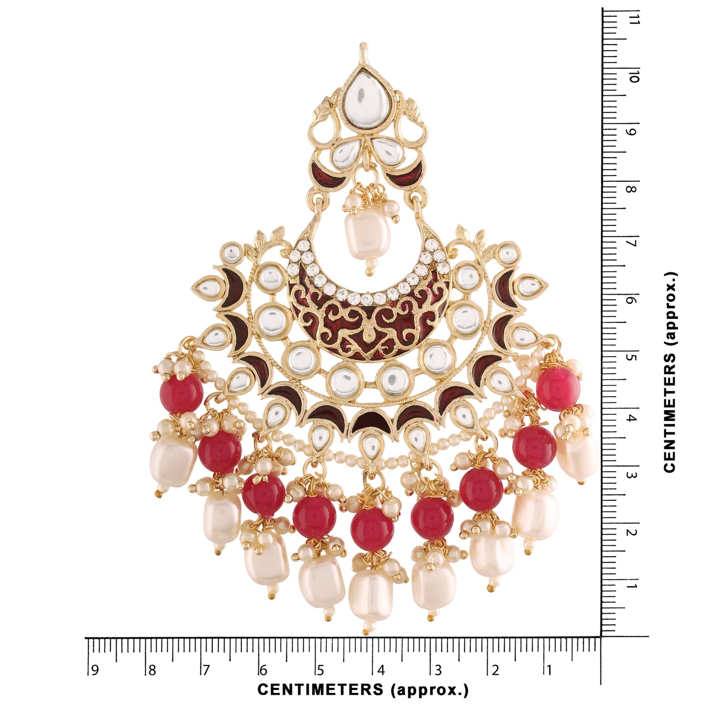 Women's Gold Plated Red Enamel Glided With Kundans And Pearls Traditional Earrings