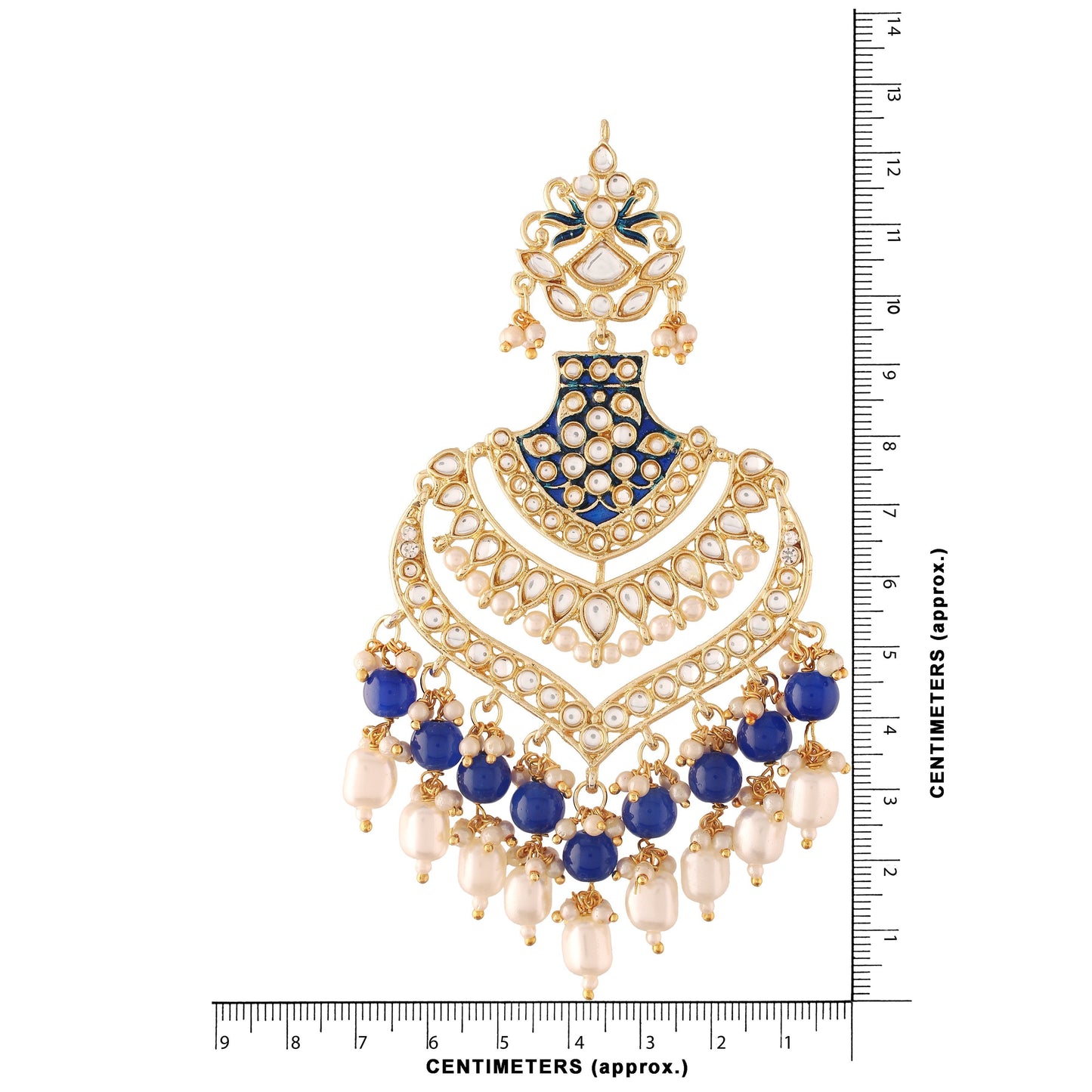 Women's Gold Plated Blue Long Earrings Enamel Glided With Kundans & Pearls