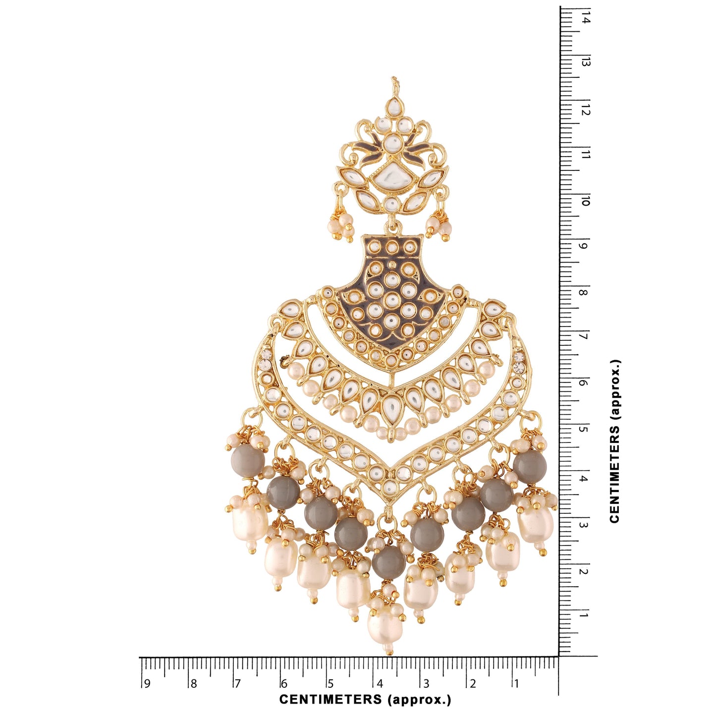 Women's Gold Plated Grey Long Earrings Enamel Glided With Kundans & Pearls