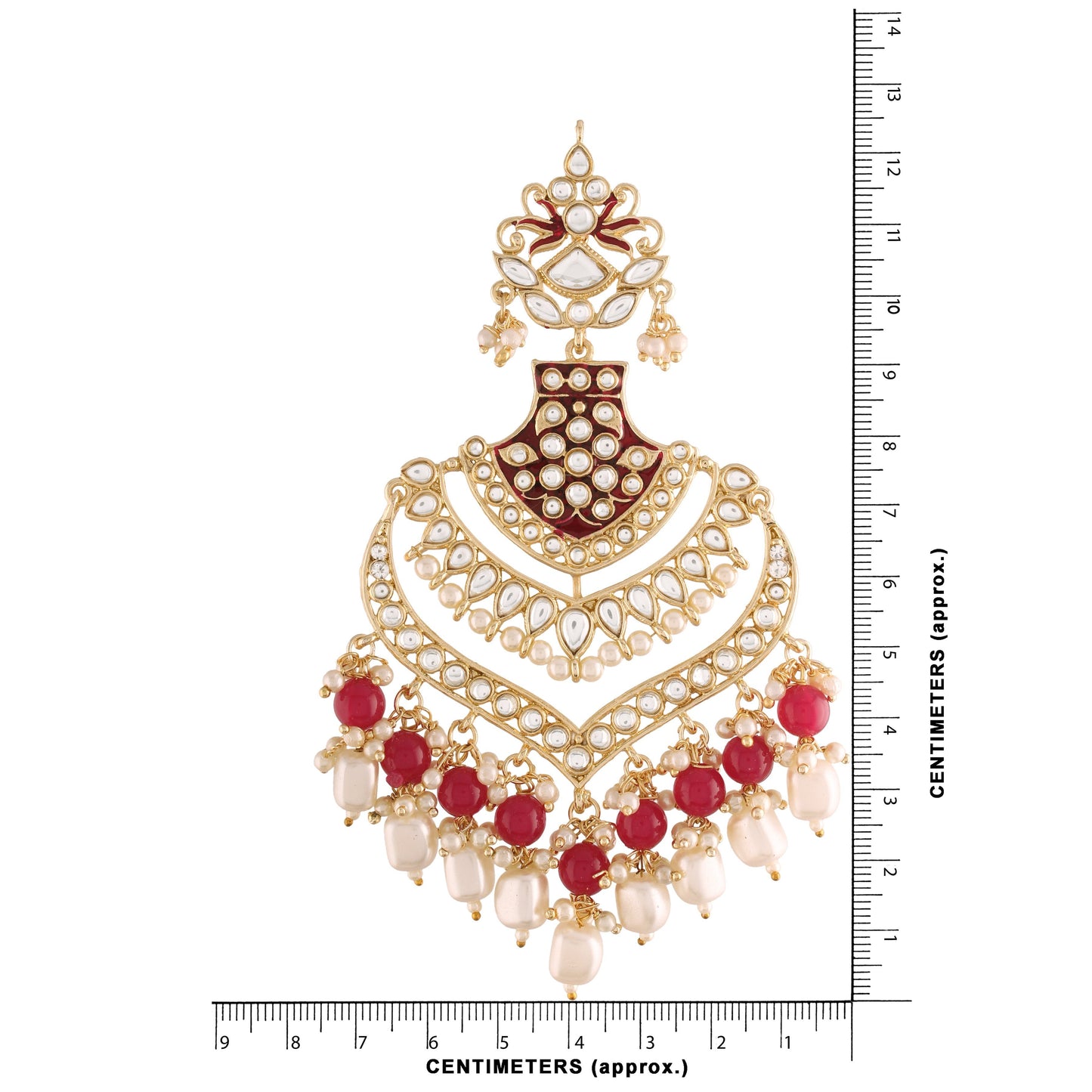 Women's Maroon Gold Plated Enamel Glided With Kundans & Pearls Long Earrings