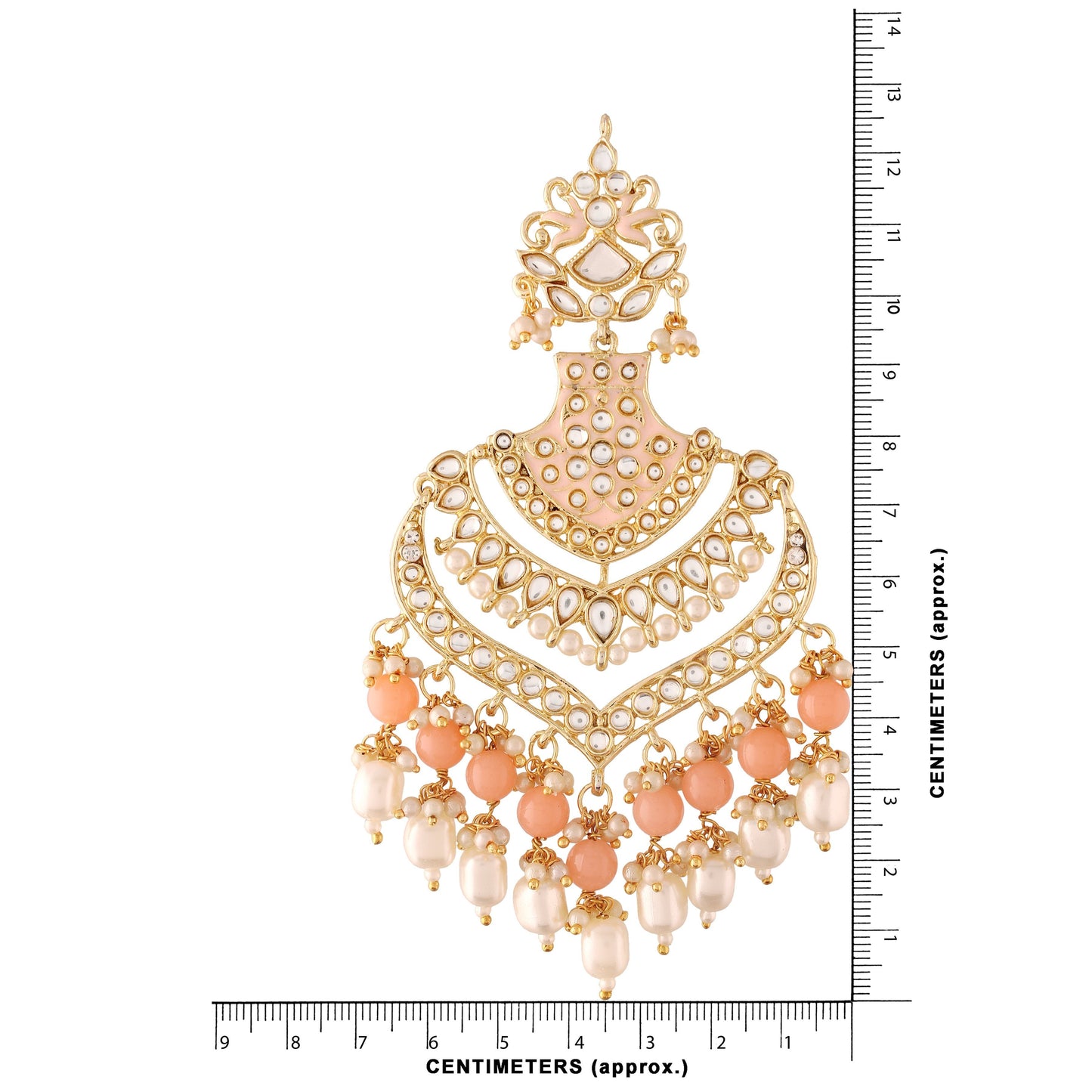 Women's Gold Plated Peach Traditional Long Earrings Enamel Glided With Kundans & Pearls