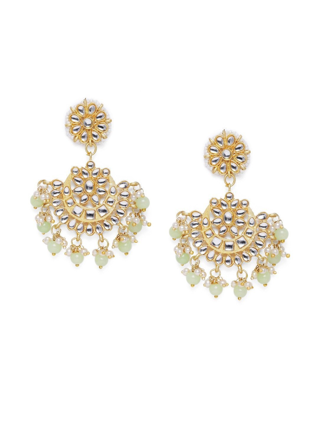 Women's Gold Plated Matt Finish Mint Chandbali Earrings Handcrafted Kundan & Pearl