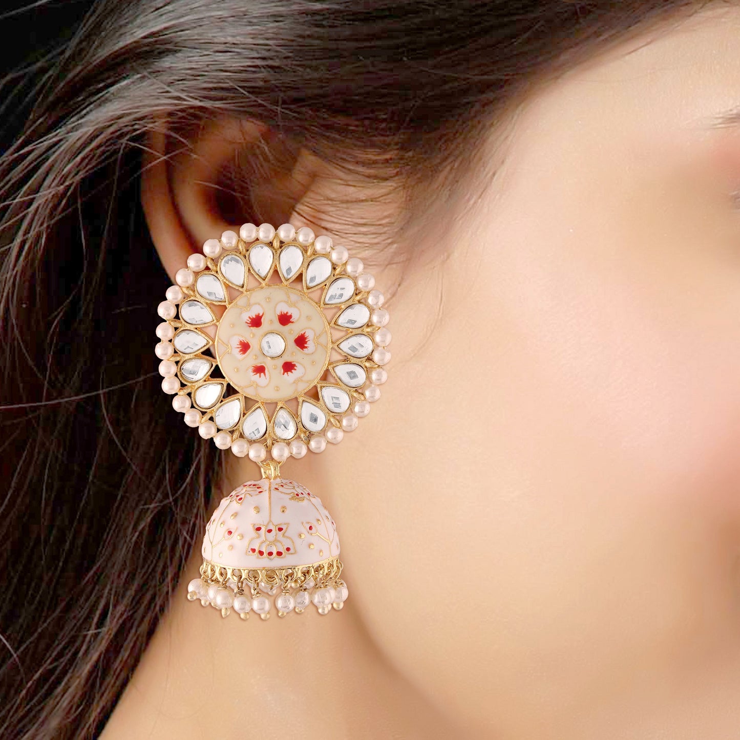 Women's Gold Plated Cream Handcrafted Kundan Pearl Studded Meenakari Jhumki Earring