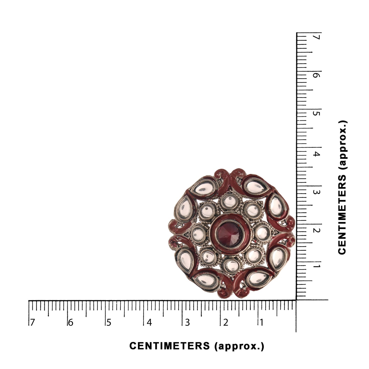 Women's Silver Oxidized Maroon Kundan Studded Meena Work Designer Circular Stud Earrings