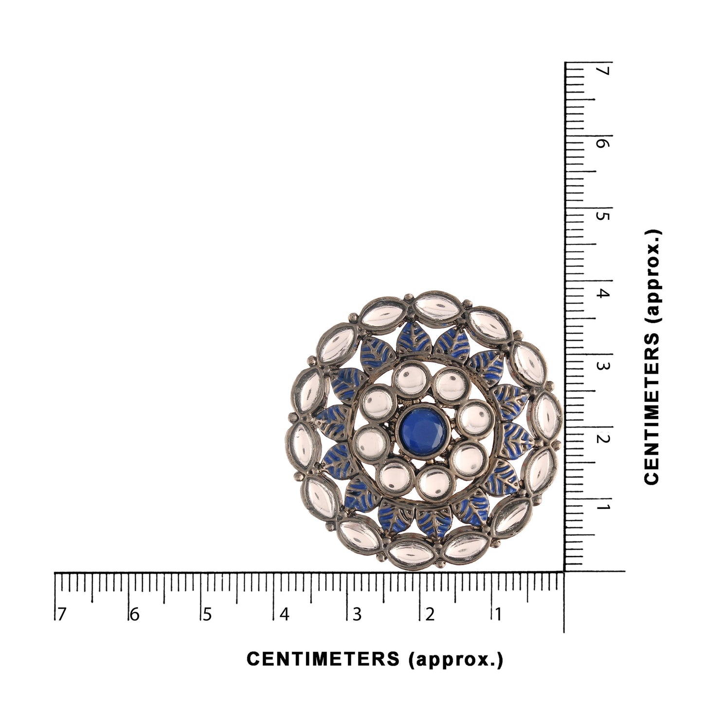 Women's Blue Silver Oxidized Kundan Studded Meena Work Designer Circular Stud Earrings