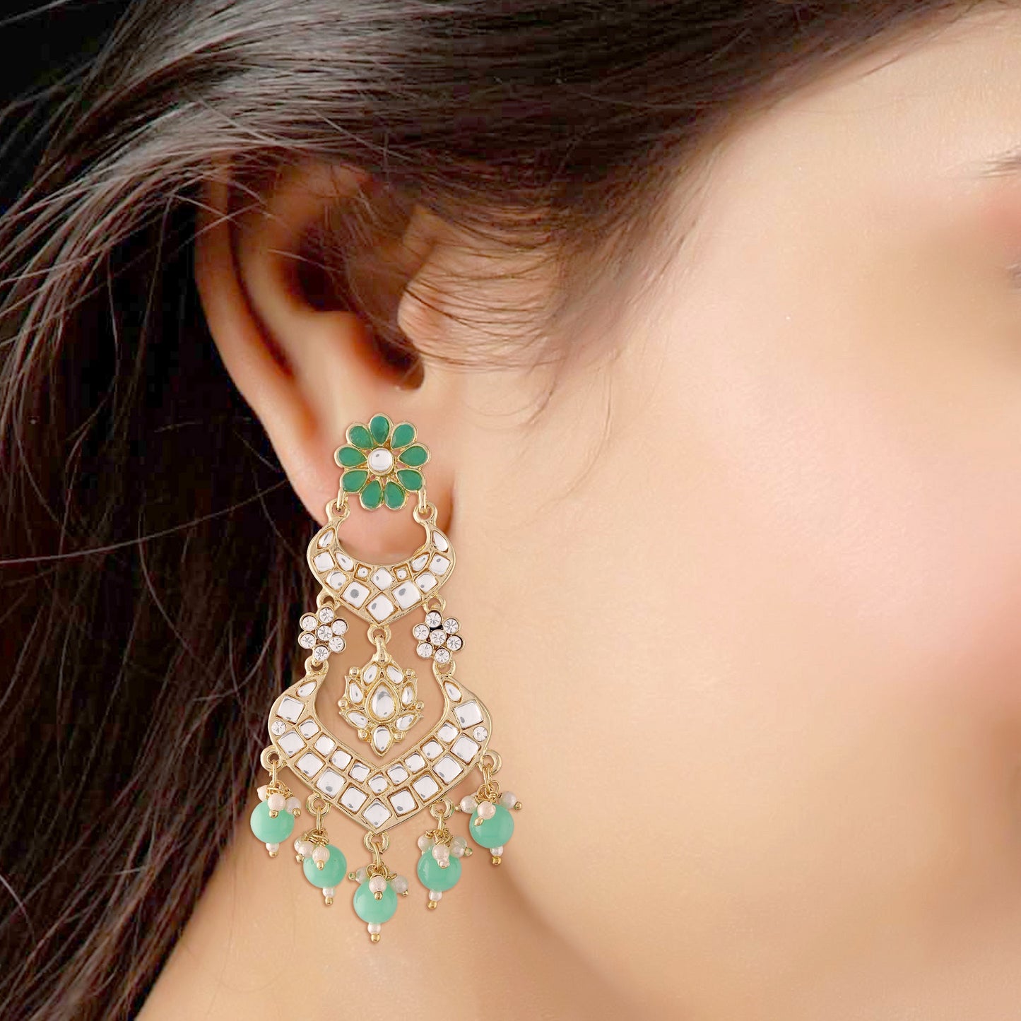 Women's Gold Plated Mint Handcrafted Earring Glided With Kundan & Pearls
