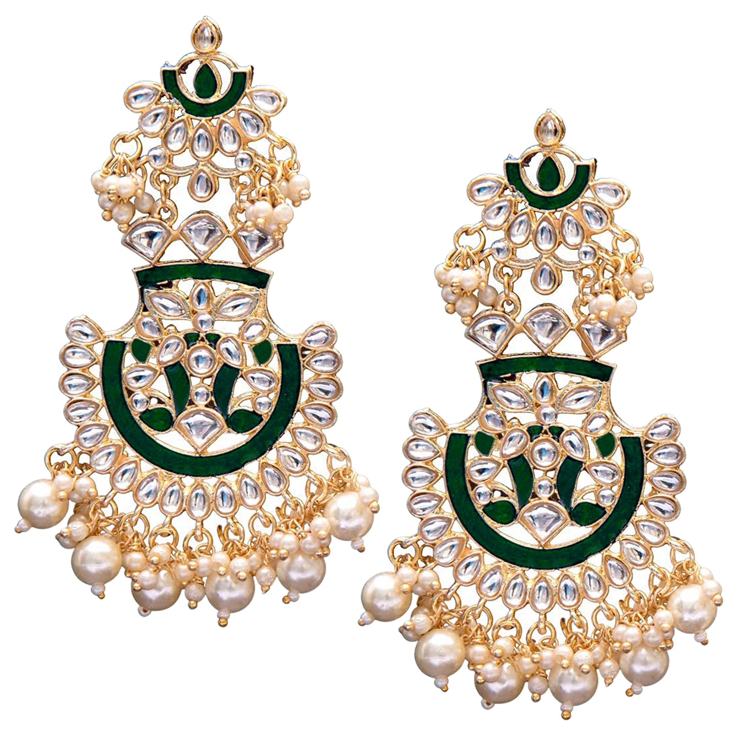 Women's Gold Plated Green Meenakari Earrings Glided With Kundans & Pearls