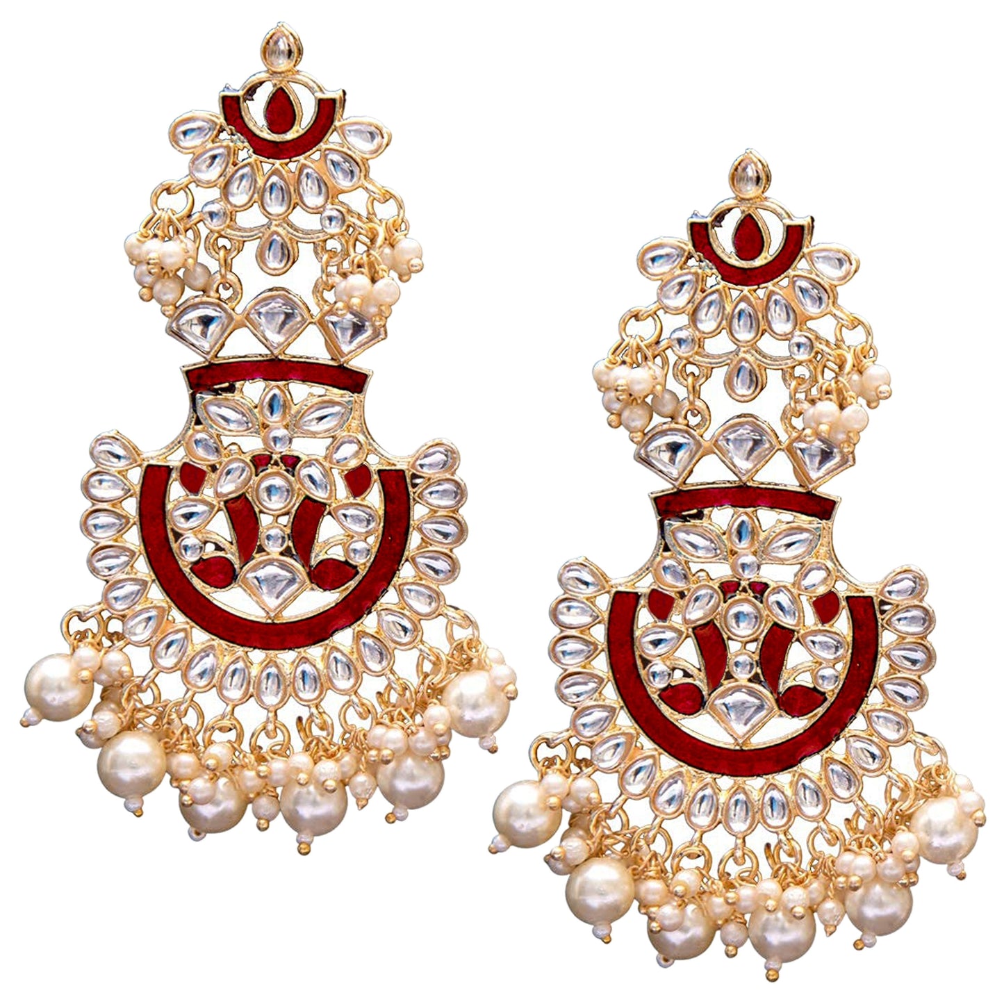 Women's Gold Plated Maroon Meenakari Earrings Glided With Kundans & Pearls