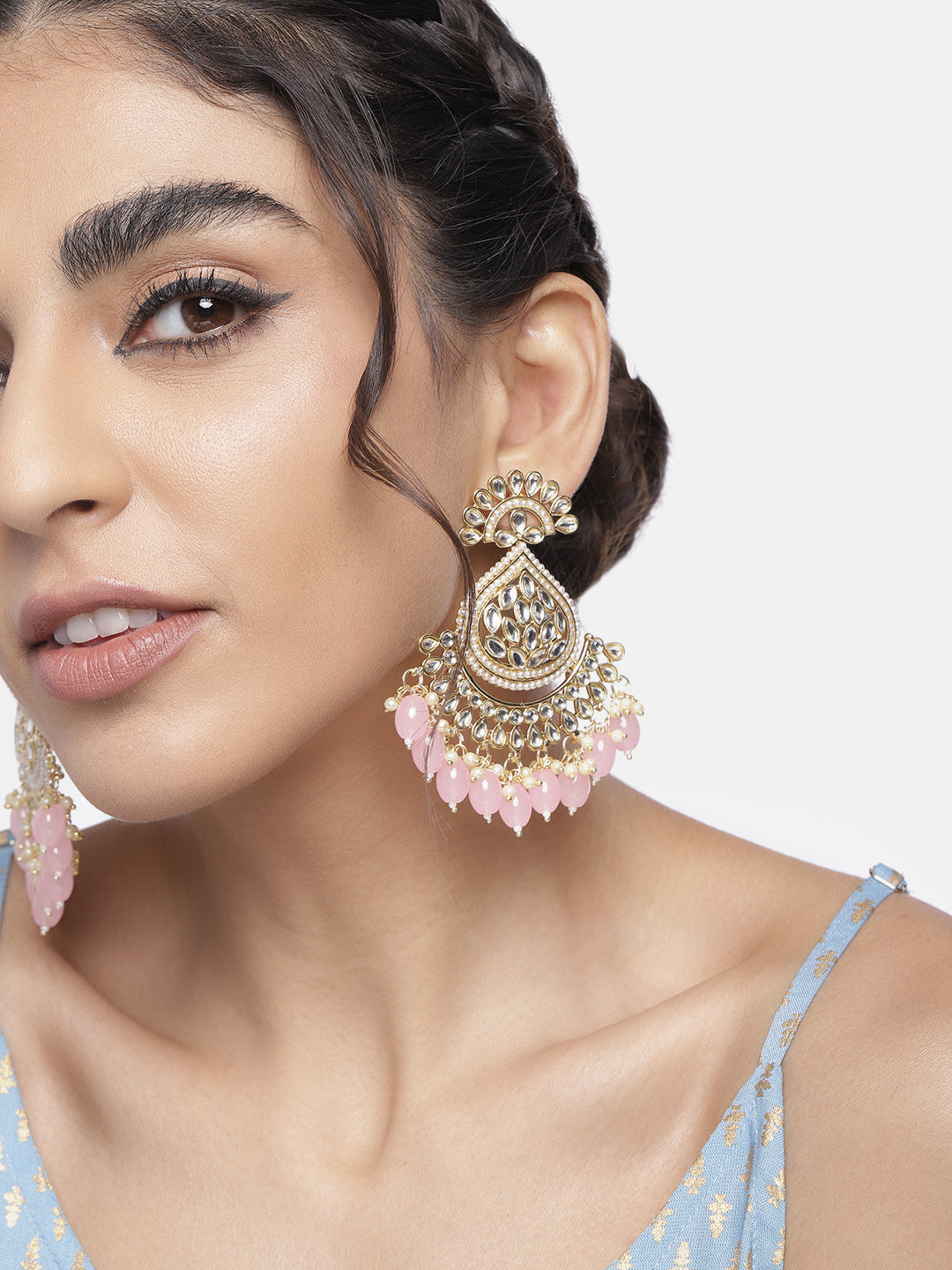 Women's 18K Gold Plated Traditional Handcrafted Pearl Kundan Beaded Earrings (E3016Pi)