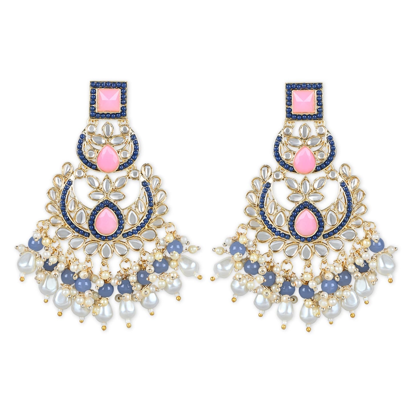 Women's 18K Gold Plated Traditional Handcrafted Pearl Kundan Beaded Earrings (E3021Pemt)