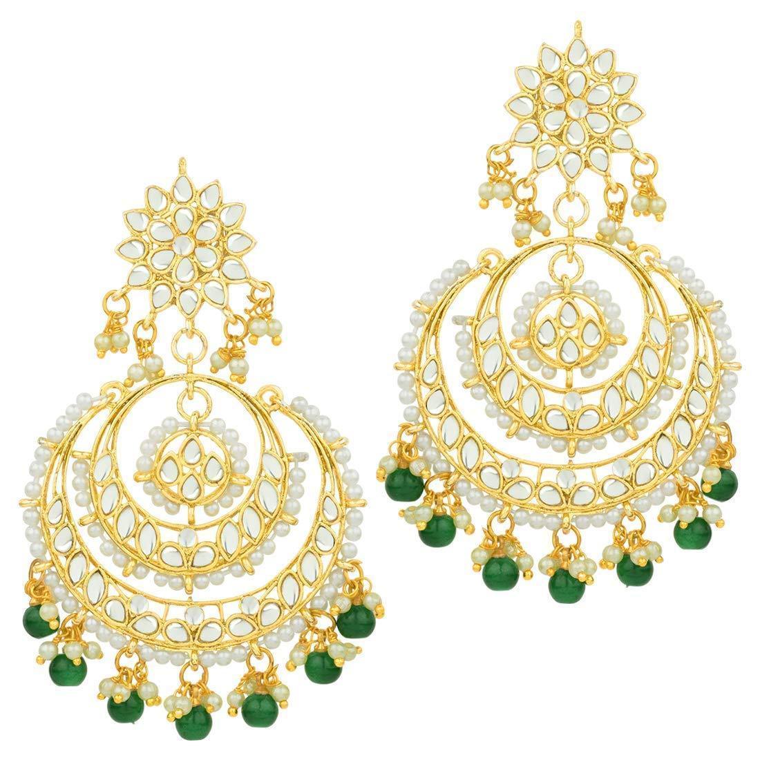 Women's Green Gold Plated Alloy Traditional Handcrafted Beaded Big Chandbali Earrings
