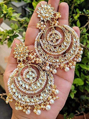 Women Golden White Beaded Kundan Chandbali Earrings by I Jewels