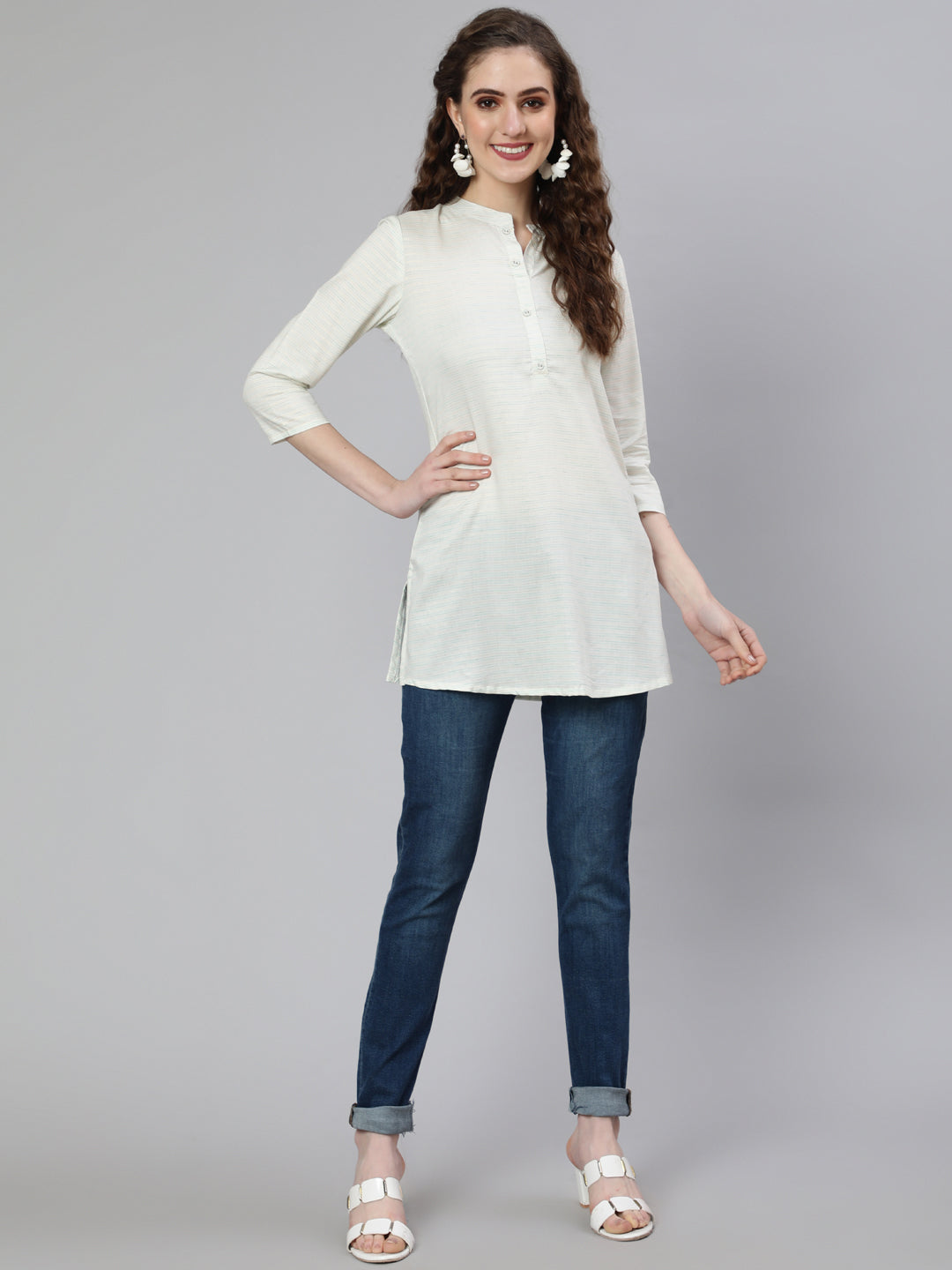 Women's Off-White and Green Printed Straight Tunic With Three Quarter Sleeves