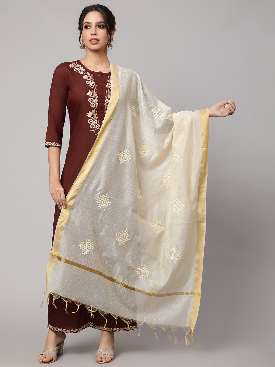 Women's Blue Bandhini And Beige Solid Dupatta Combo, Pack Of Two