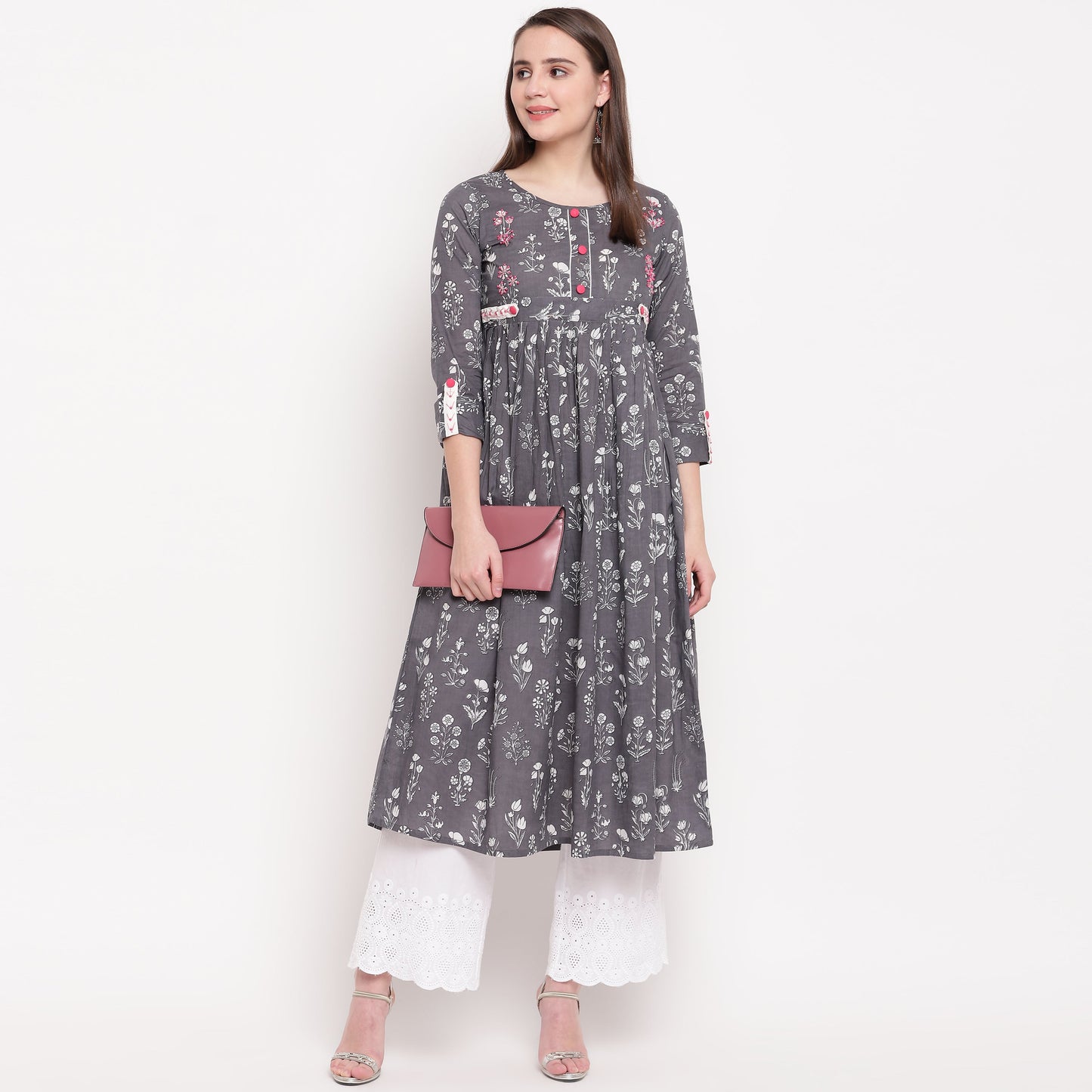 Women's Grey Anarkali Cotton Kurta By Vbu