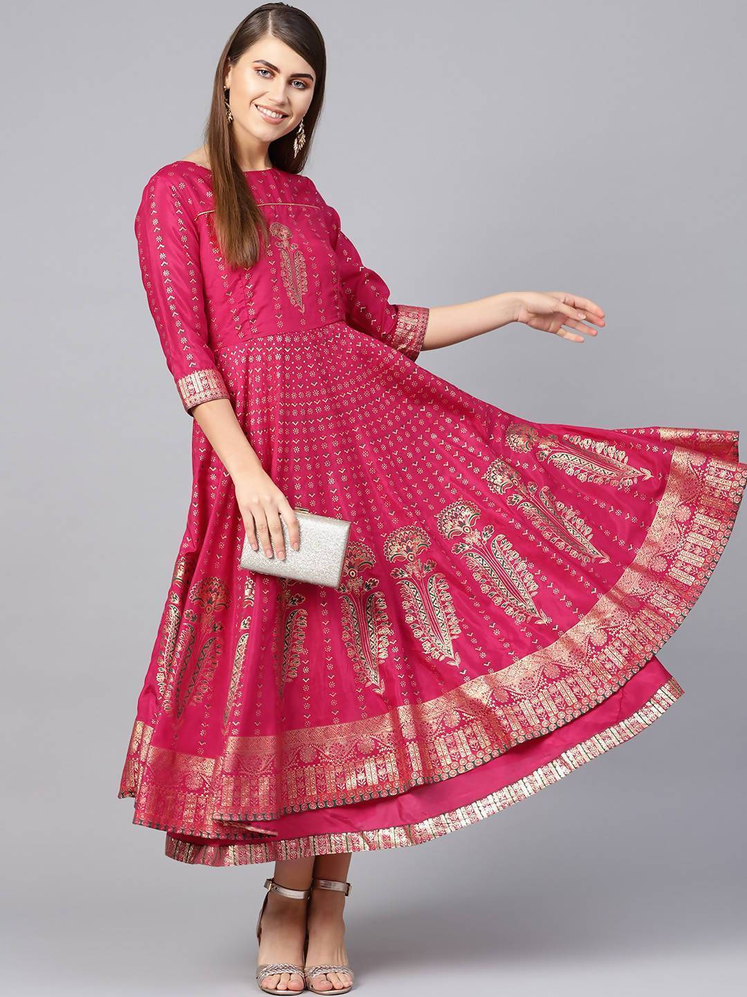 Buy_Women's_Fuschia_Shantoon_Gold_Foil_Print_Layered_Kurta_Dress_Online_Trendia