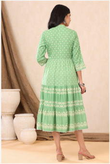 Women's Green Rayon Printed Tiered Dress
