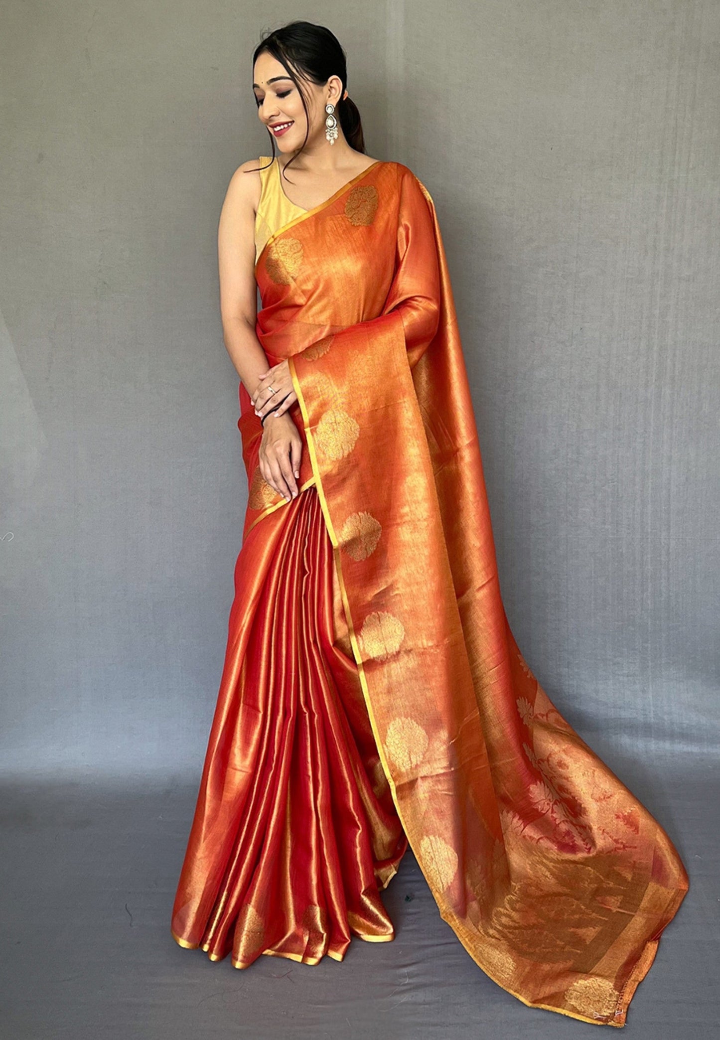 Women's Rust Orange Gulabo Banarasi Tissue Silk Zari Saree
