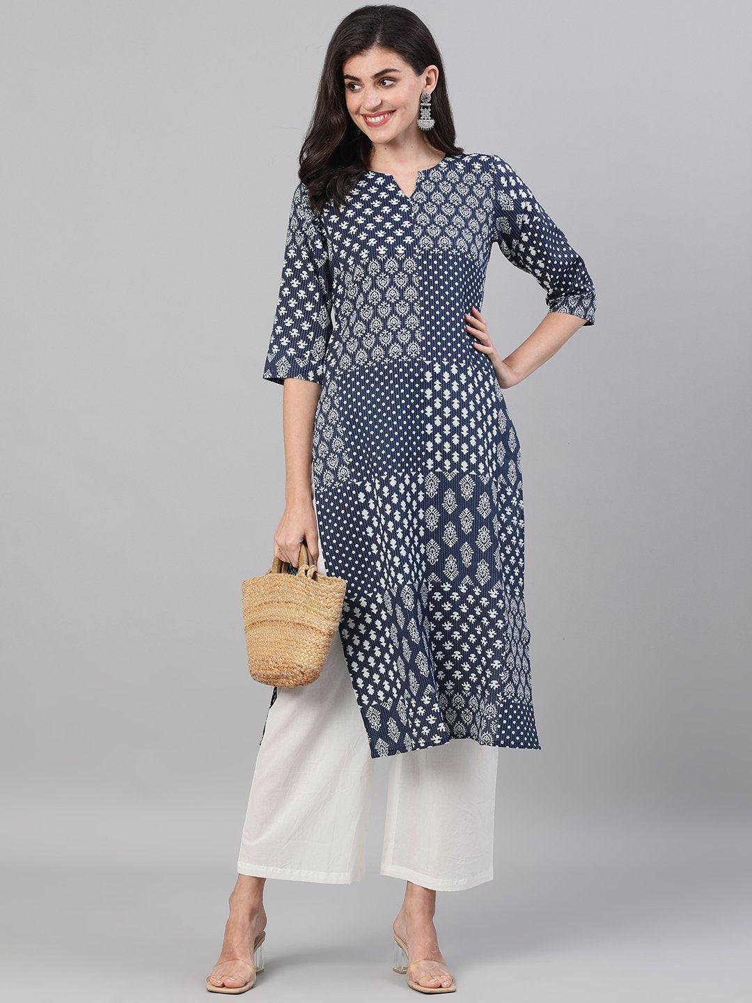 Women's Indigo Calf Length Three-Quarter Sleeves Straight Ethnic Motif Printed Cotton Kurta With Pockets