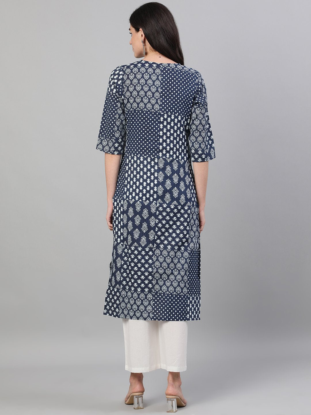 Women's Indigo Three-Quarter Sleeves Straight Kurta With Palazzo With Pockets