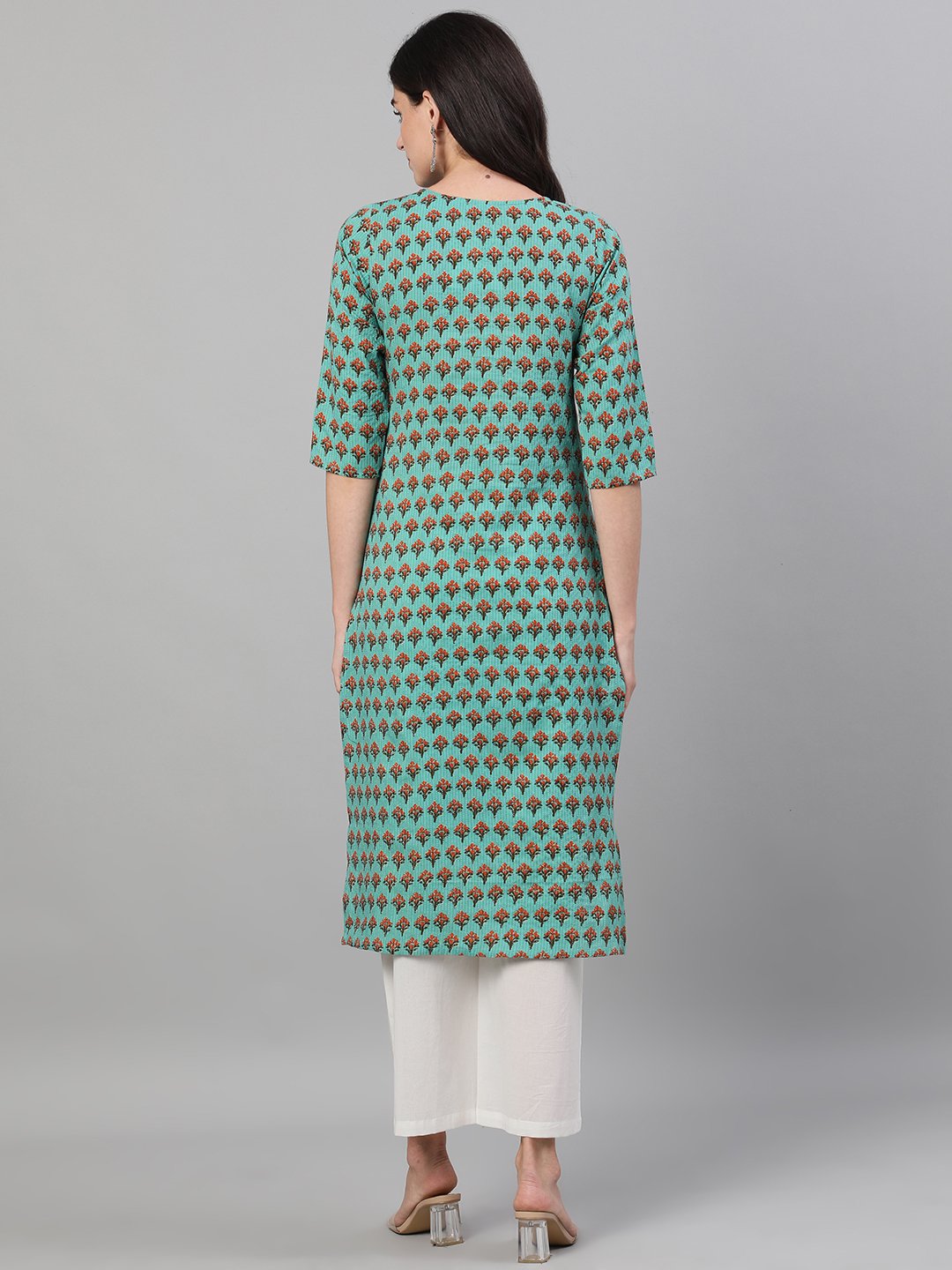 Women's Green Three-Quarter Sleeves Straight Kurta With Palazzo With Pockets
