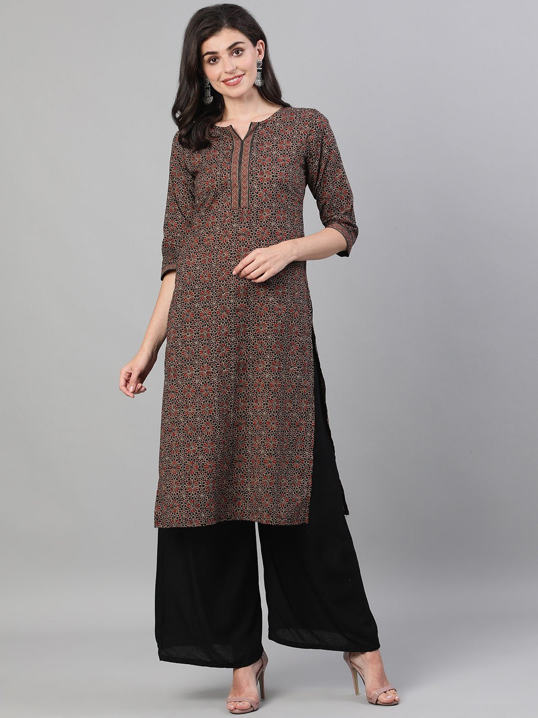 Women's Brown Calf Length Three-Quarter Sleeves Straight Ethnic Motif Printed Cotton Kurta With Pockets And Face Mask