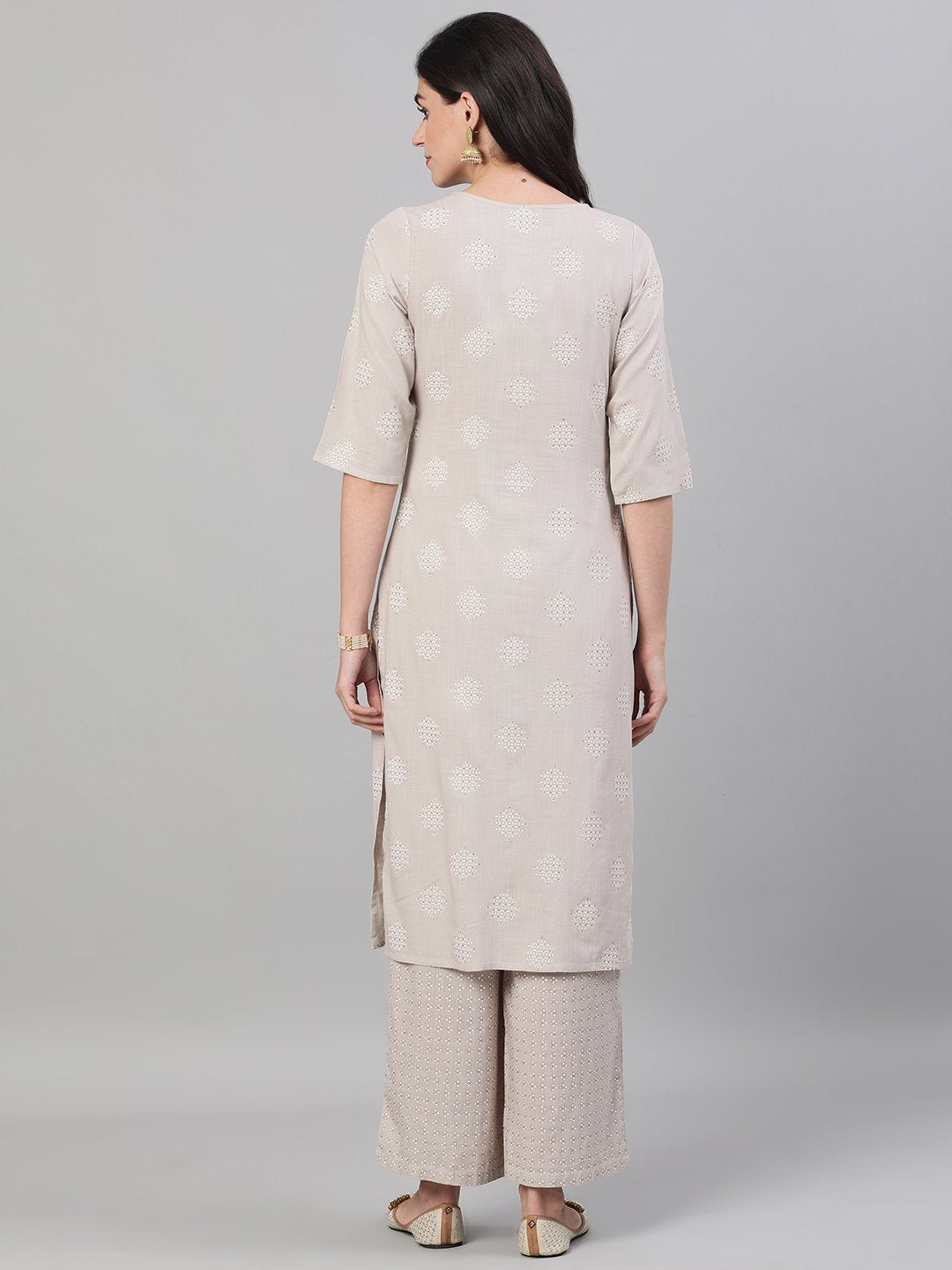 Women's Taupe Three-Quarter Sleeves Straight Kurta With Palazzo With Pockets And Face Mask