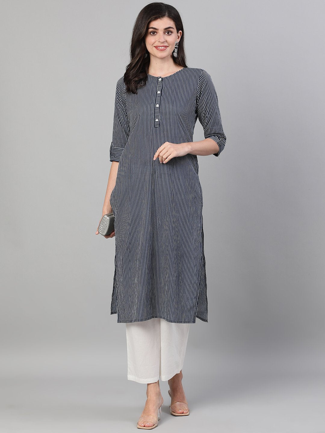 Women's Navy Blue Calf Length Three-Quarter Sleeves Straight Striped Printed Cotton Kurta With Pockets