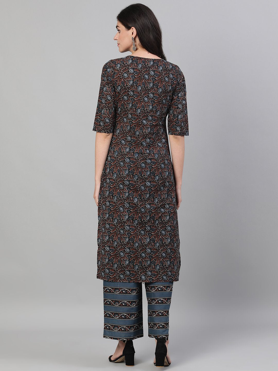 Women's Brown And Blue Three-Quarter Sleeves Straight Kurta With Palazzo With Pockets And Face Mask