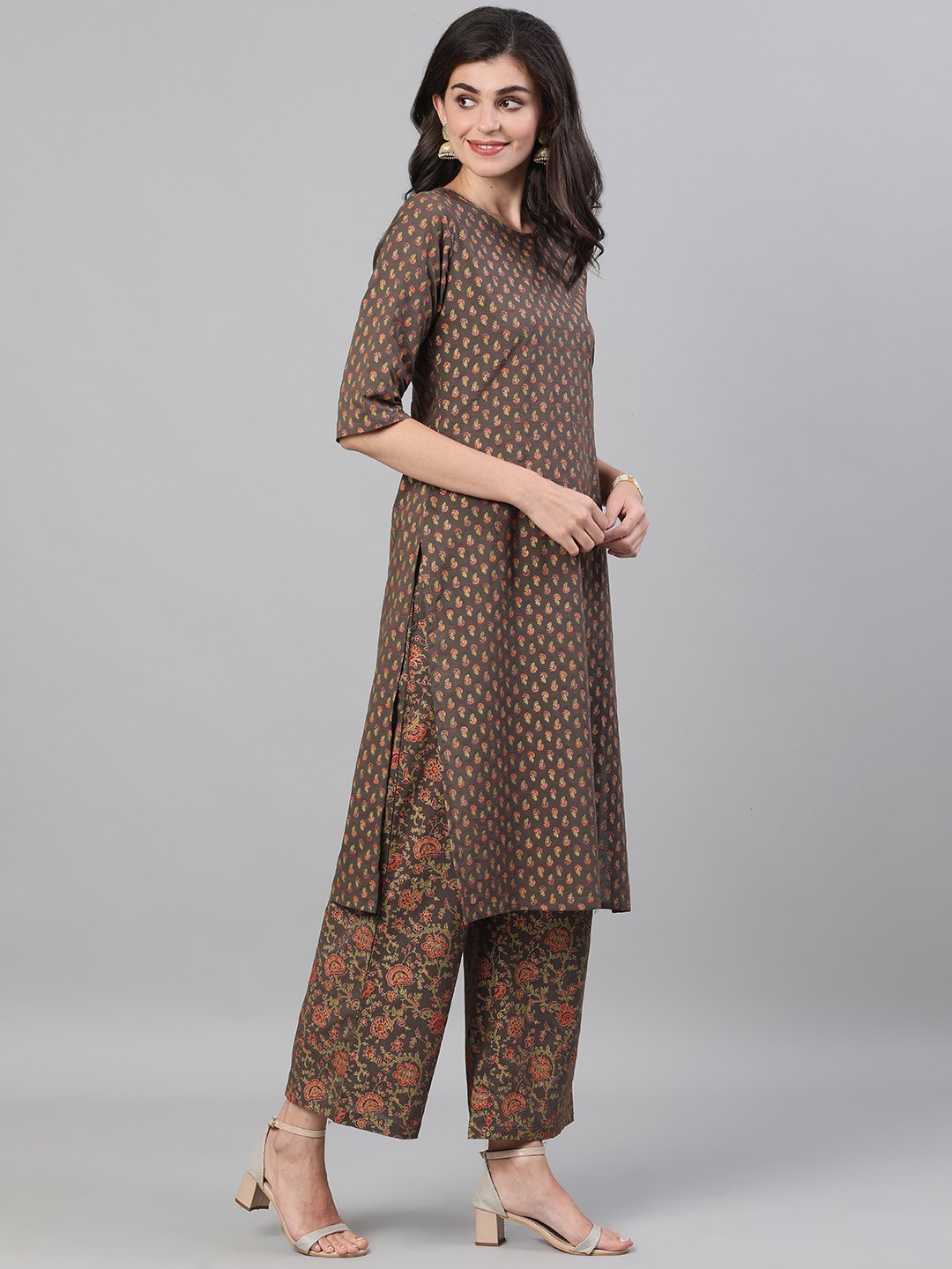 Women's Grey And Orange Gold Printed Three-Quarter Sleeves Straight Kurta With Palazzo And Dupatta With Pockets And Face Mask