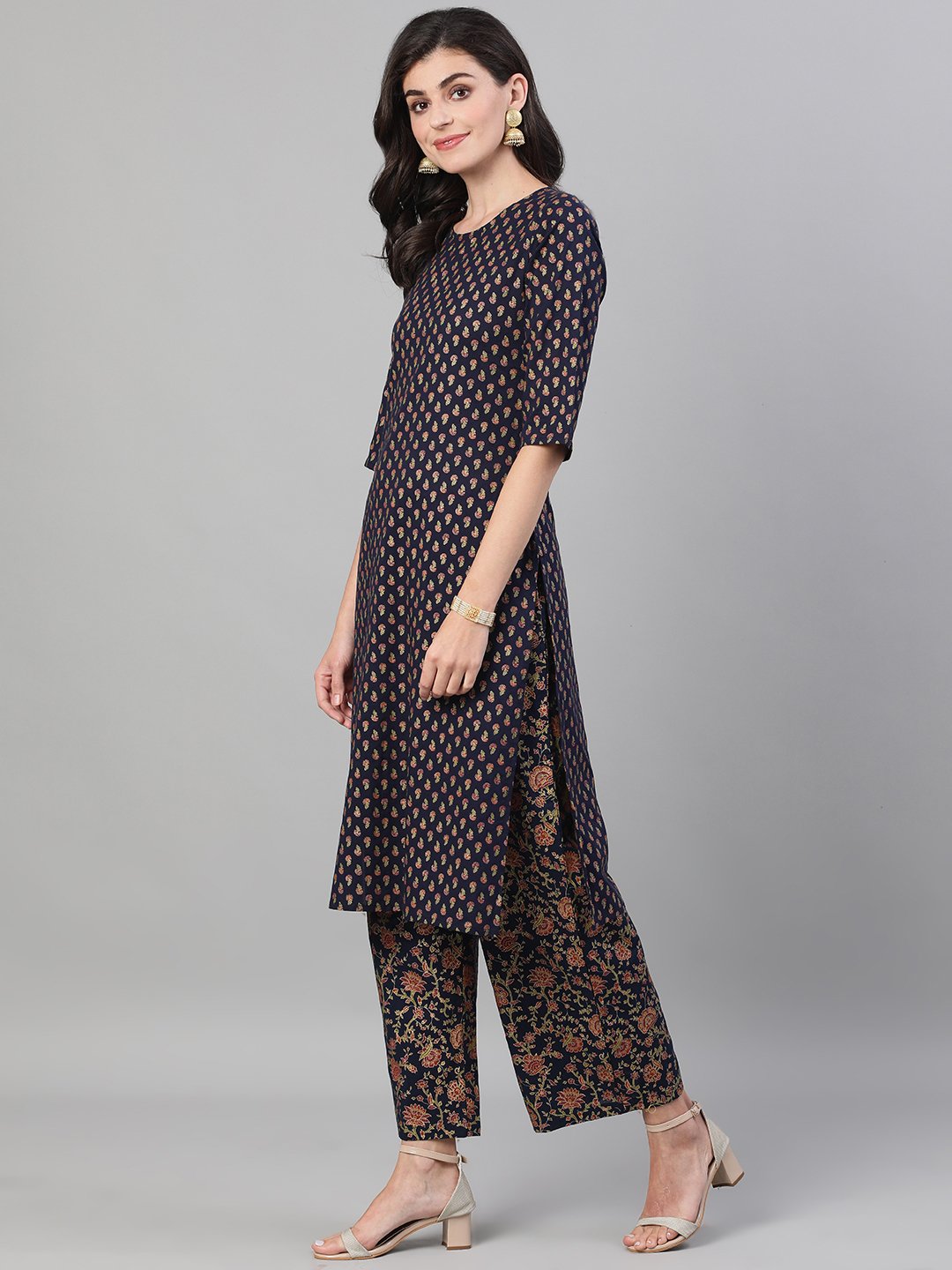 Women's Blue And Orange Gold Printed Three-Quarter Sleeves Straight Kurta With Palazzo And Dupatta With Pockets And Face Mask