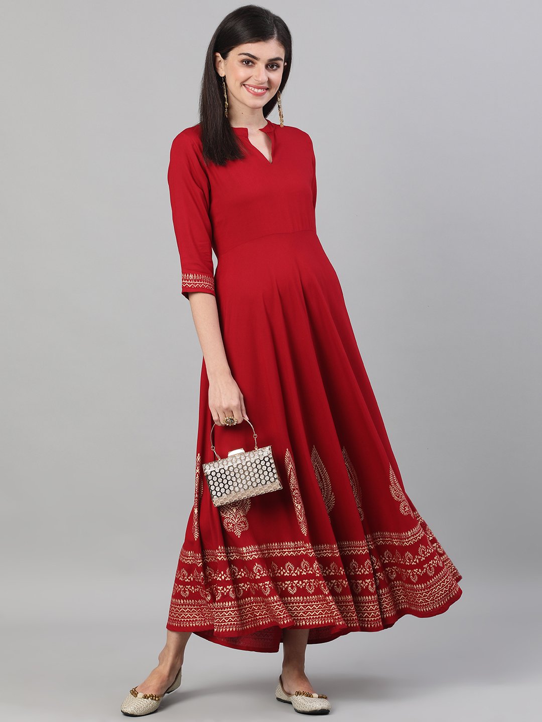 Women's Maroon Block Printed Viscose Rayon Maxi Dress With Pockets