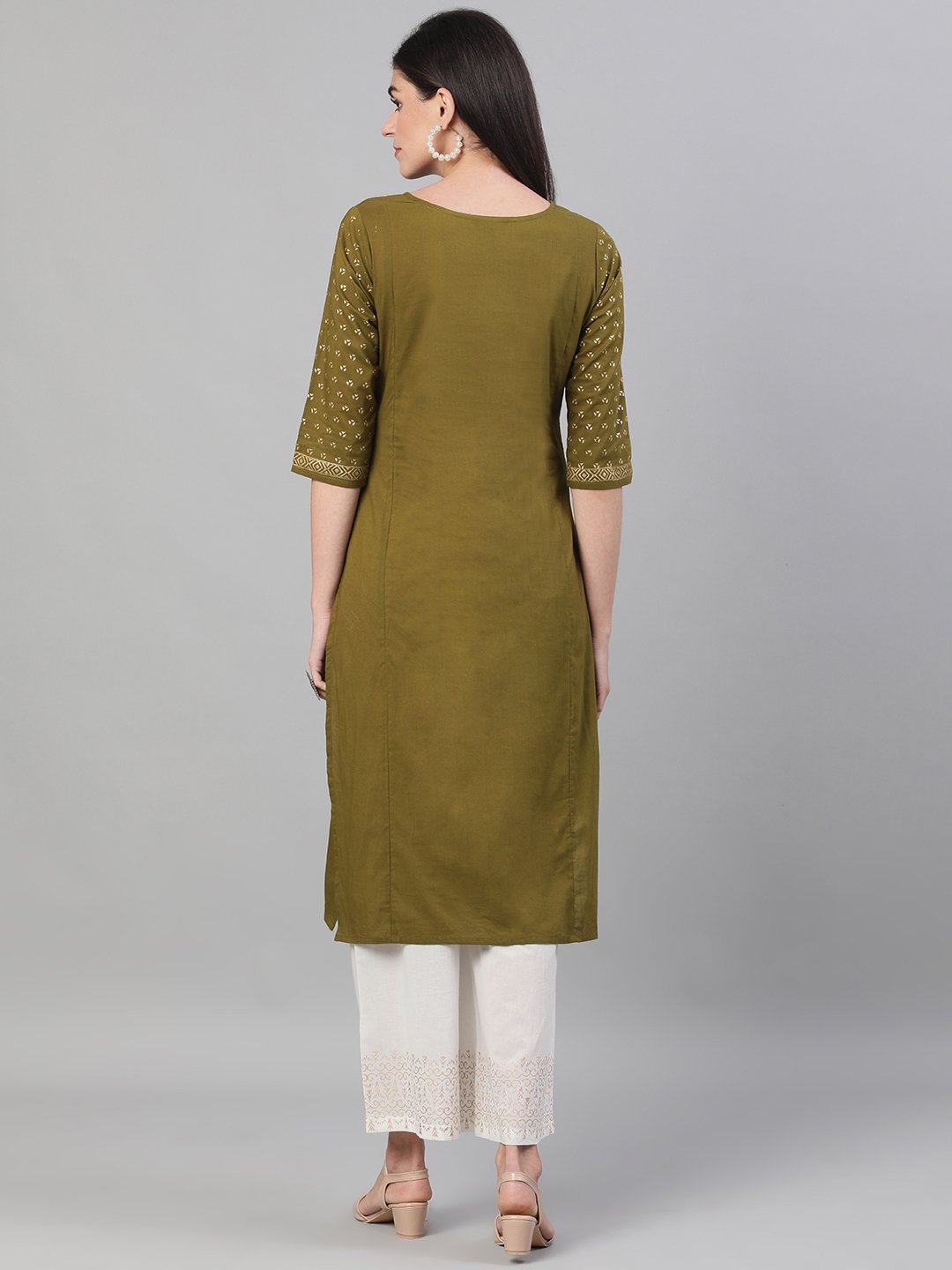 Women's Blue Calf Length Three-Quarter Sleeves Straight Ethnic Motif Printed Cotton Kurta Set With Pockets