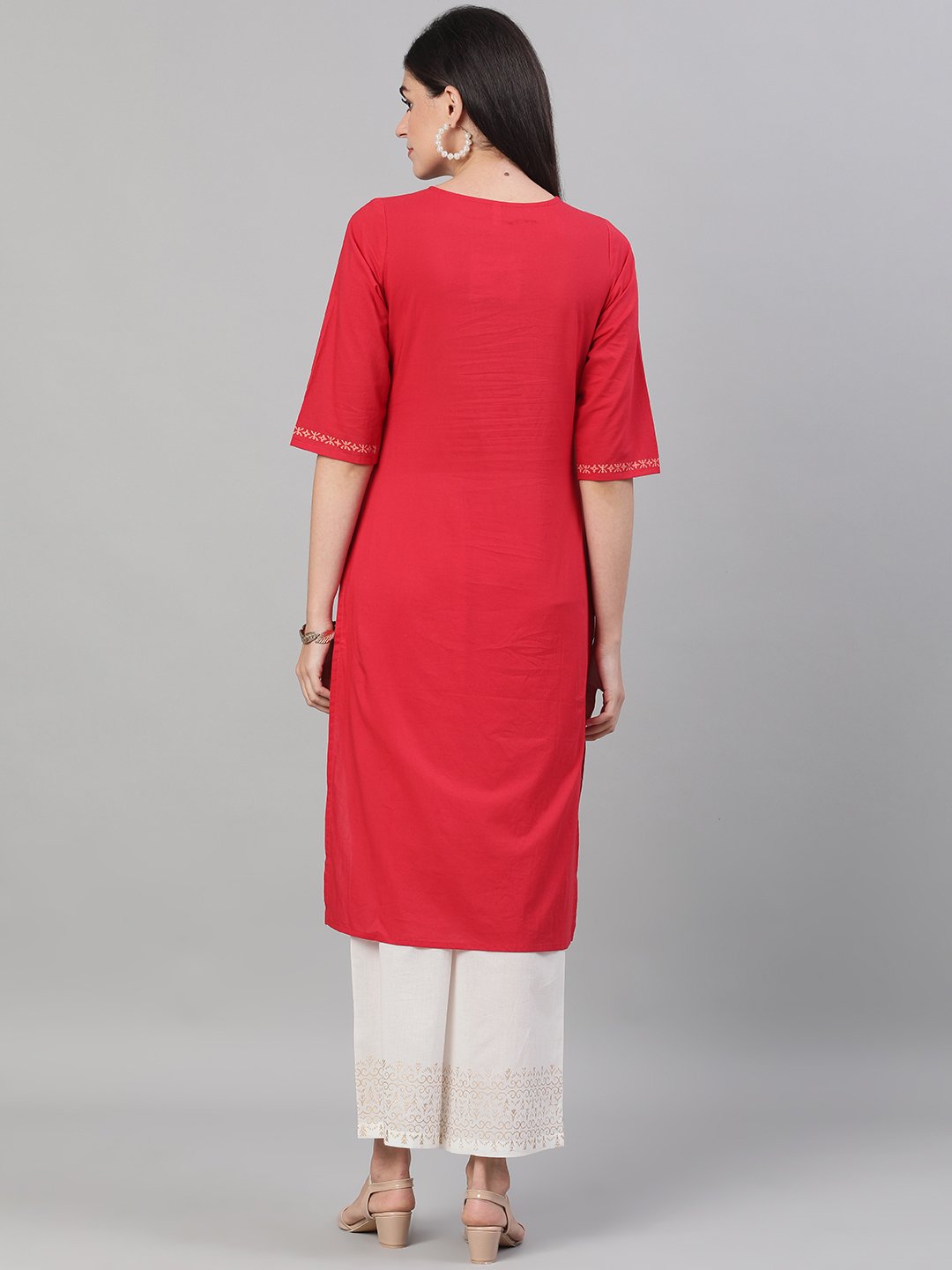 Women's Red And White Three-Quarter Sleeves Block Printed Straight Kurta With Palazzo And Pockets