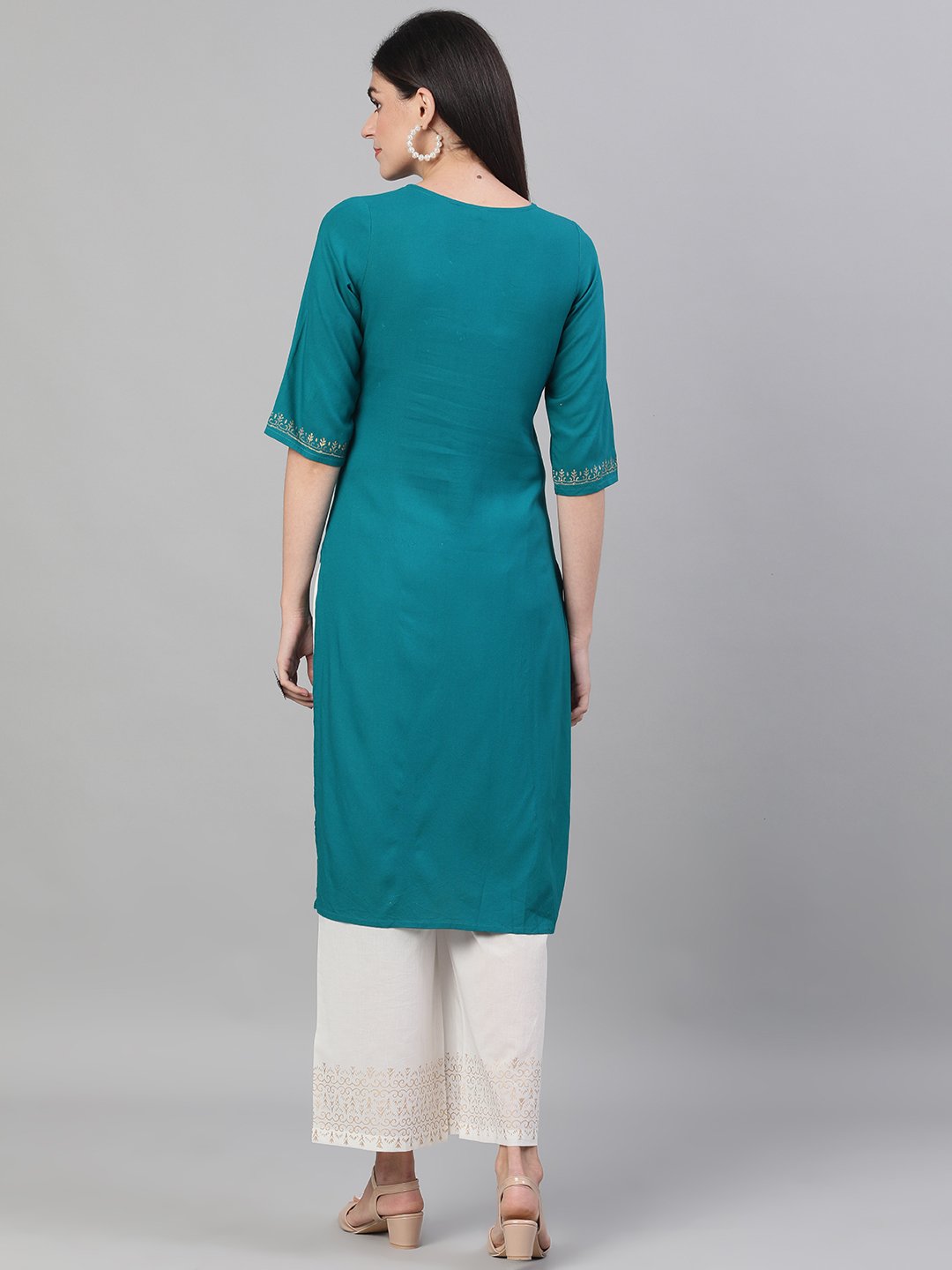 Women's Rama Green And White Three-Quarter Sleeves Block Printed Straight Kurta With Palazzo And Pockets