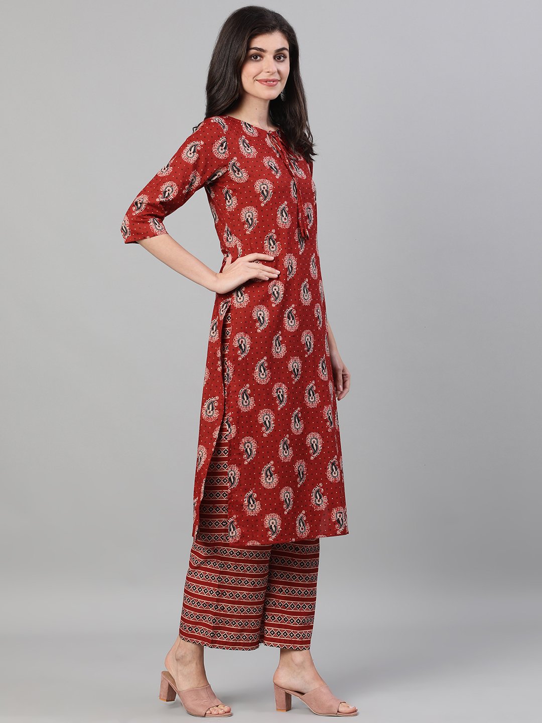 Women's Maroon And Black Three-Quarter Sleeves Printed Kurta-Palazzo With Pockets Dupatta And Fask Mask