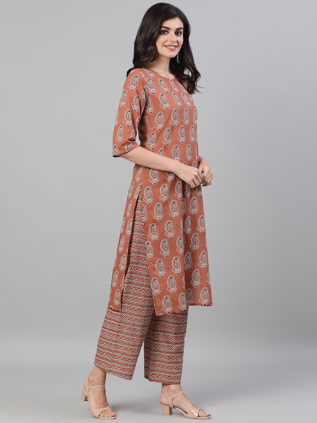 Women's Rose Gold Three-Quarter Sleeves Printed Kurta-Palazzo With Pockets Dupatta And Face Mask